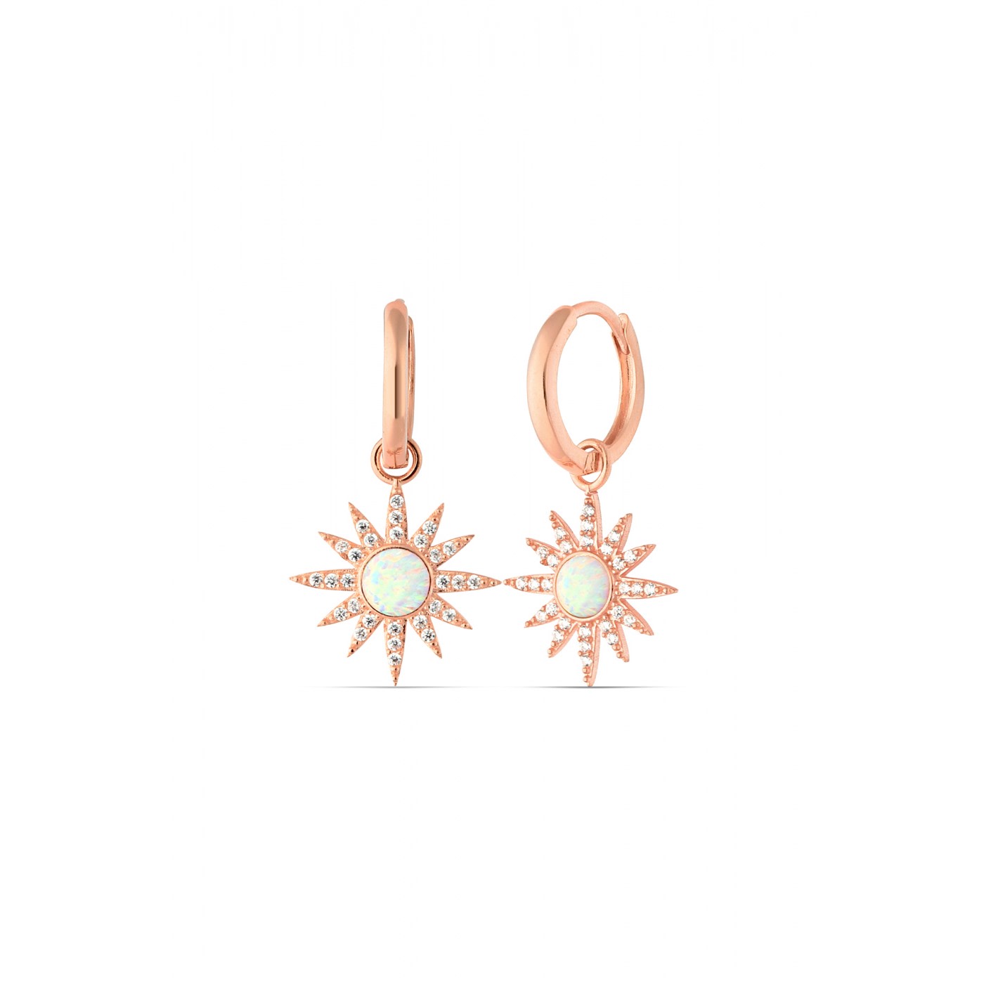 Drop Hoop Sun White Opal Earring Sterling Silver - Rose Gold