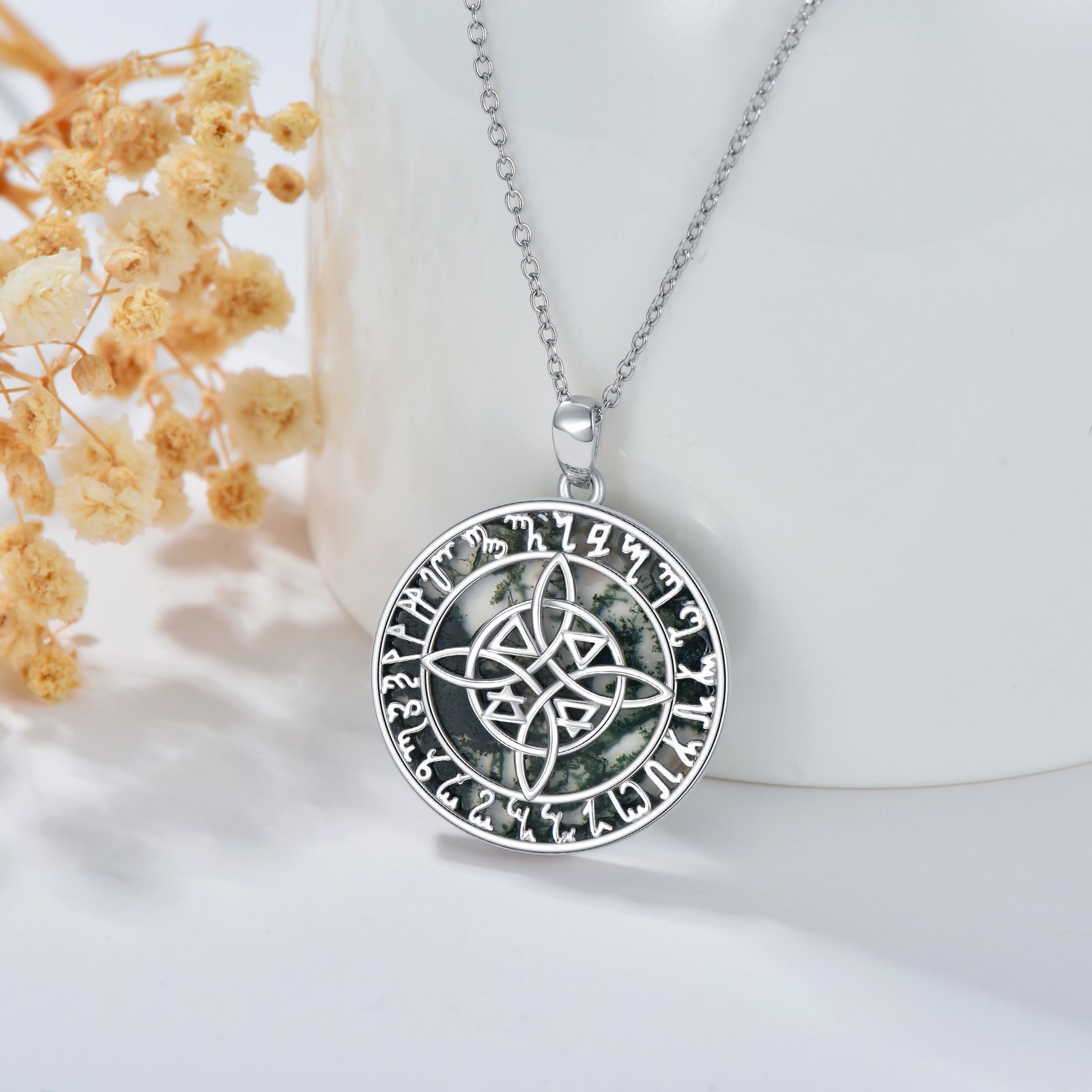 Sterling Silver Round Moss Agatenudo De Bruja Original Witches Knot Necklace For Unisex
