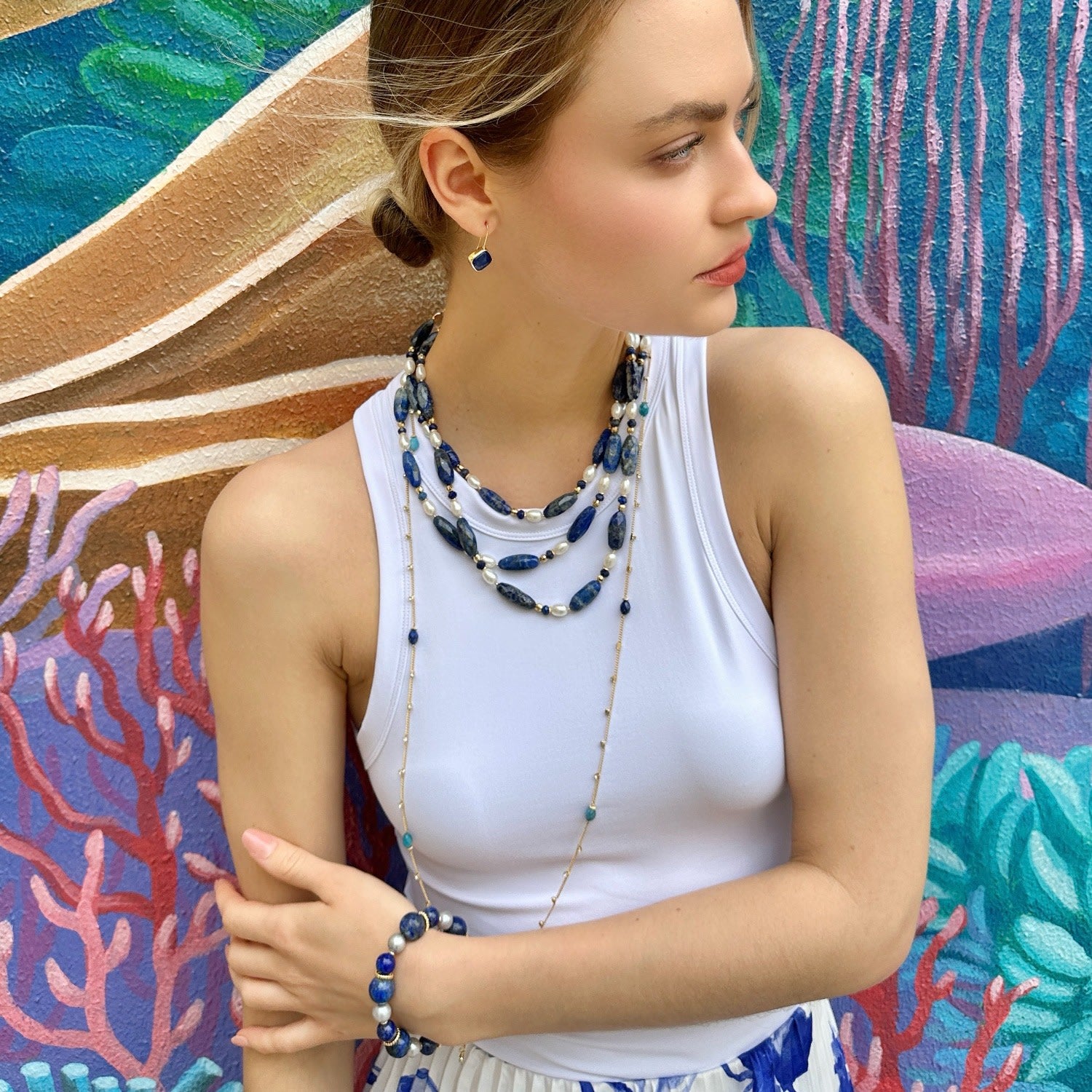 Nugget Blue Lapis With Gray Freshwater Pearls Adjustable Bracelet