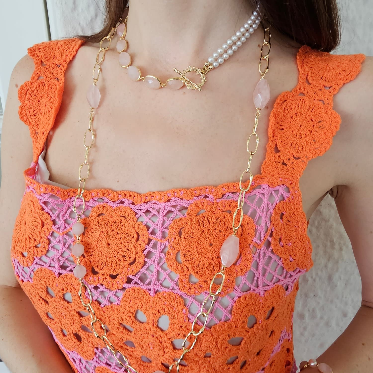 Nugget Rose Quartz With Chain Long Necklace