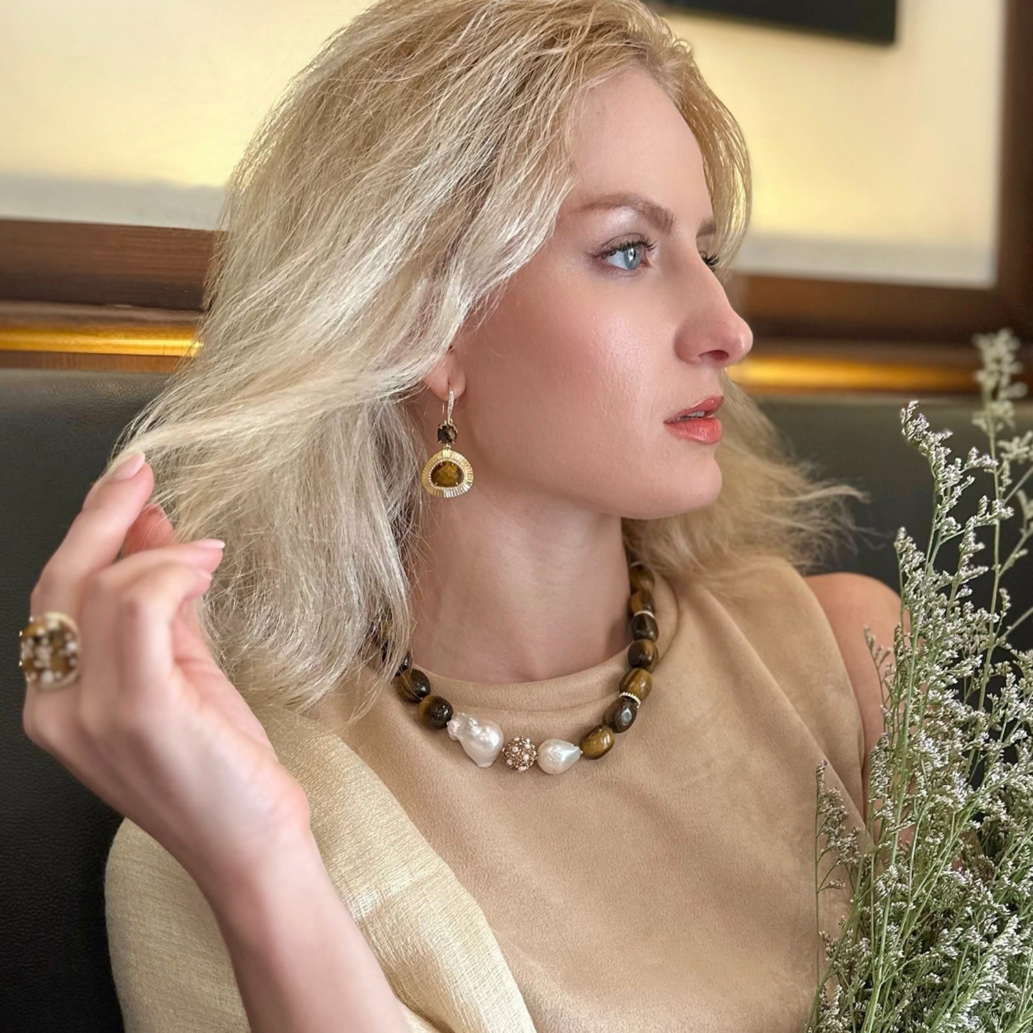 Gorgeous Tiger Eye With Baroque Pearls Necklace