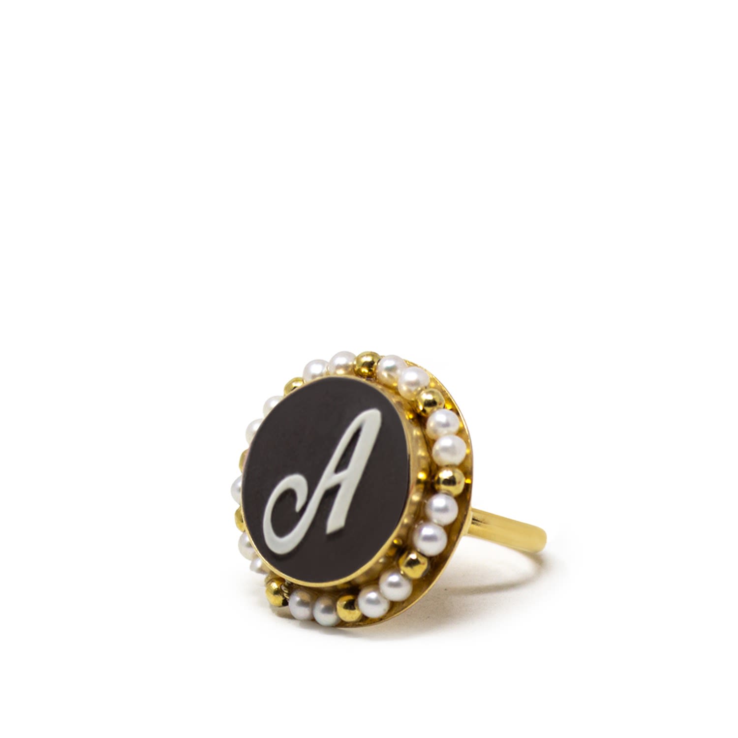 Black Initial A Cameo Ring With Pearls