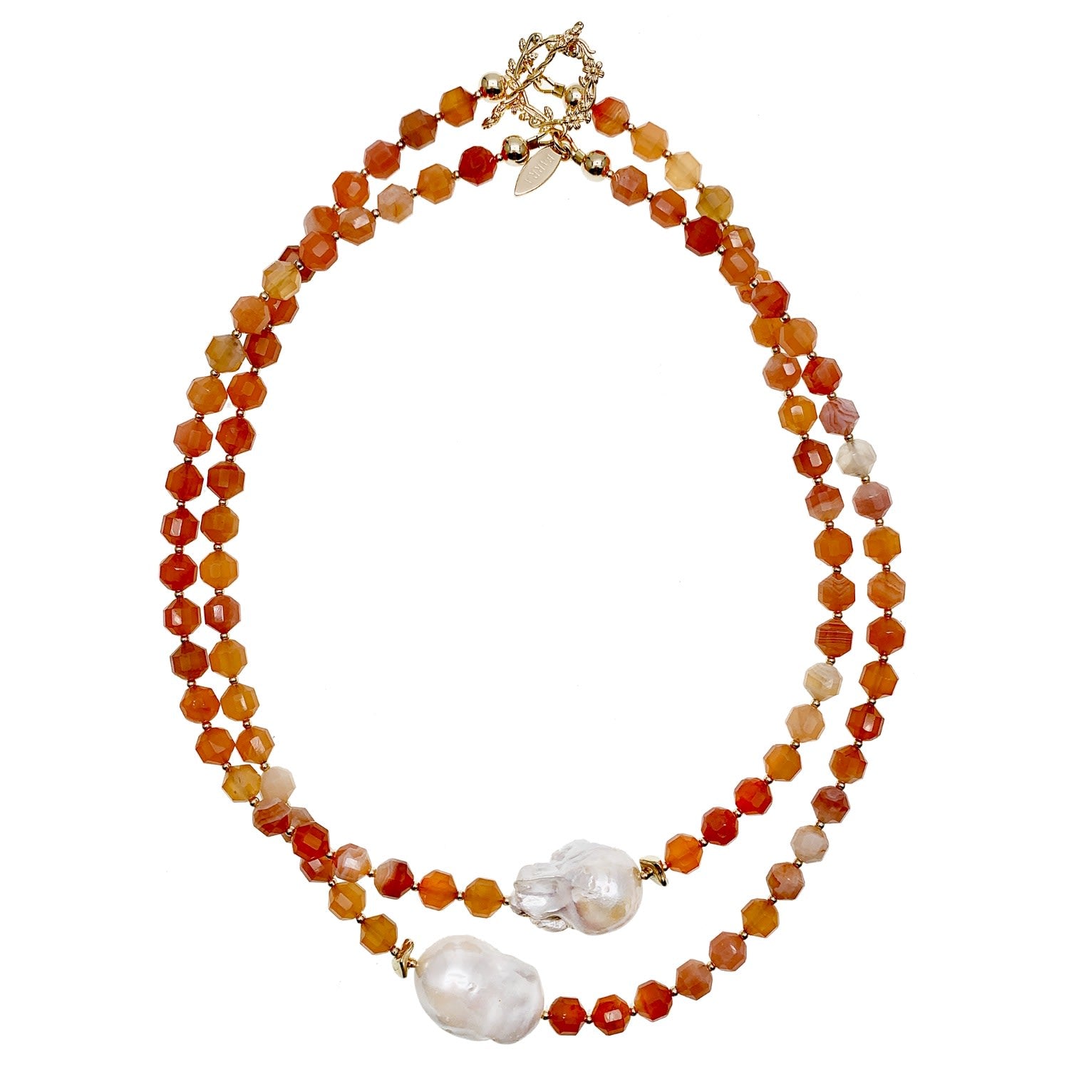 Orange Agate With Baroque Pearls Double Strands Necklace