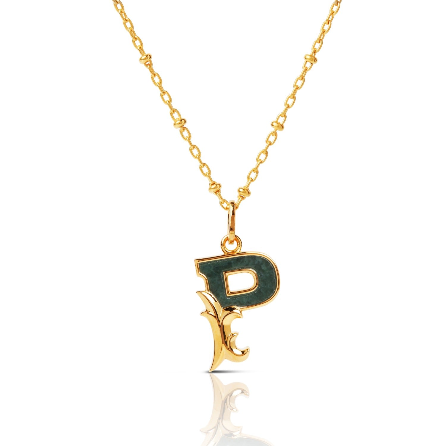 Gold Plated P Initial Necklace With Green Marble