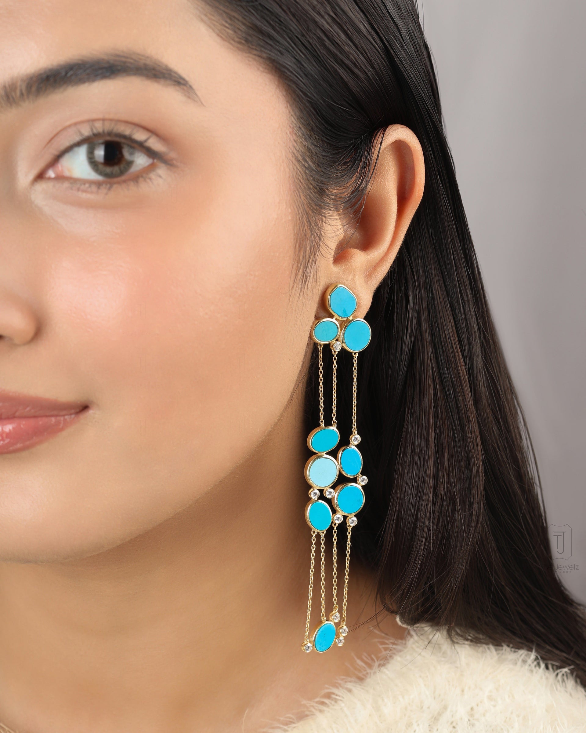 Nyra Turquoise Disc Long Earrings In Silver
