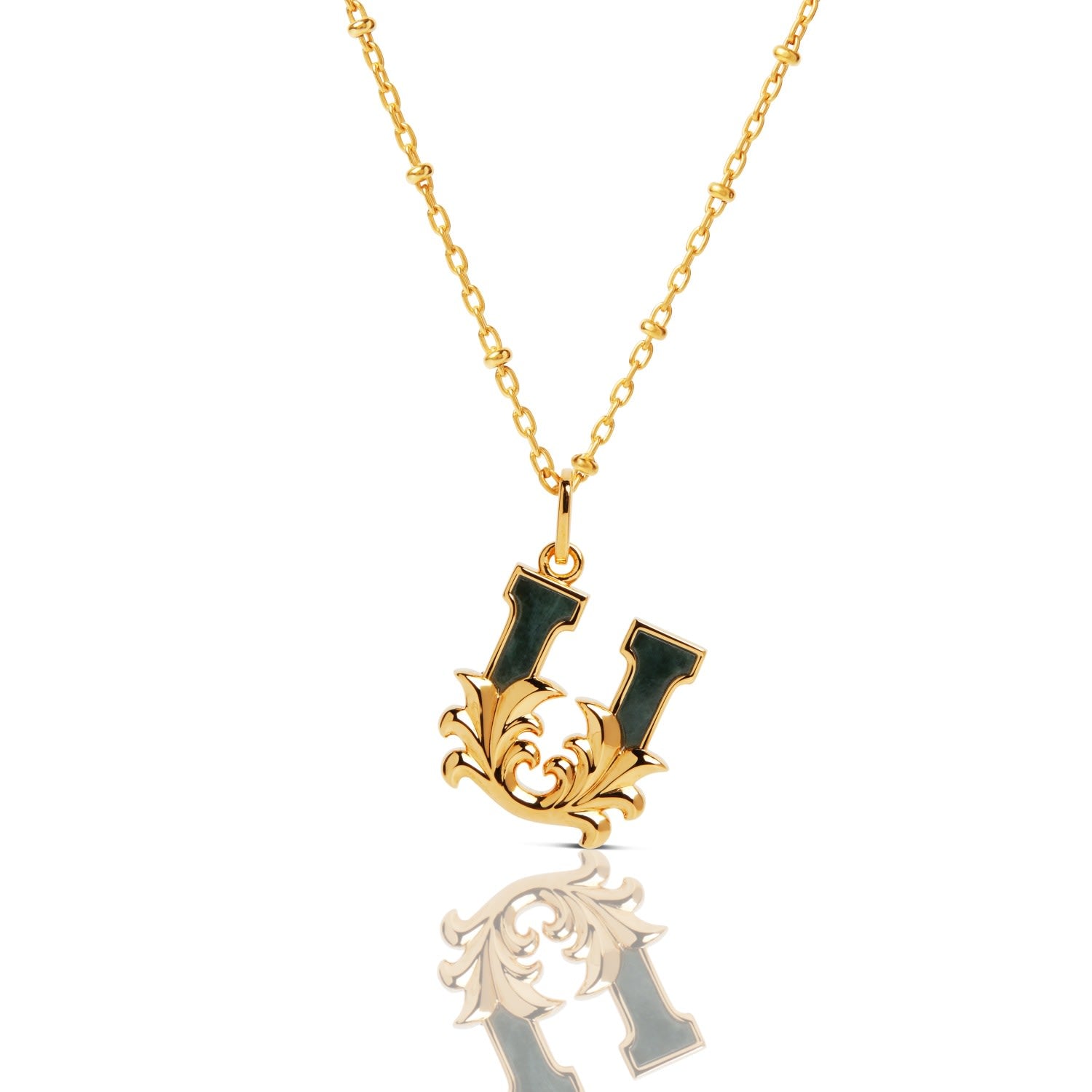 Gold Plated U Initial Necklace With Green Marble