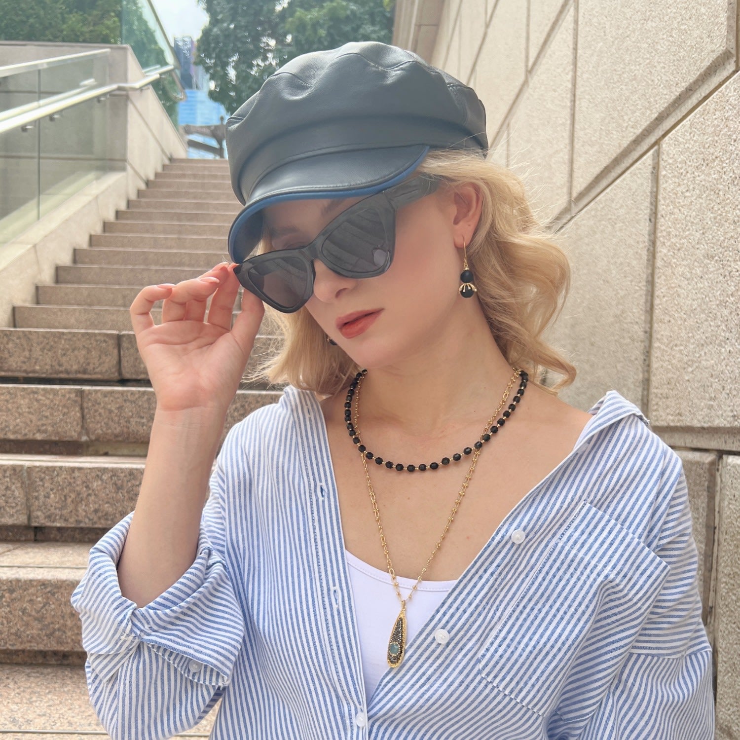 Black Obsidian And Chain With Pendant Double Layers Necklace