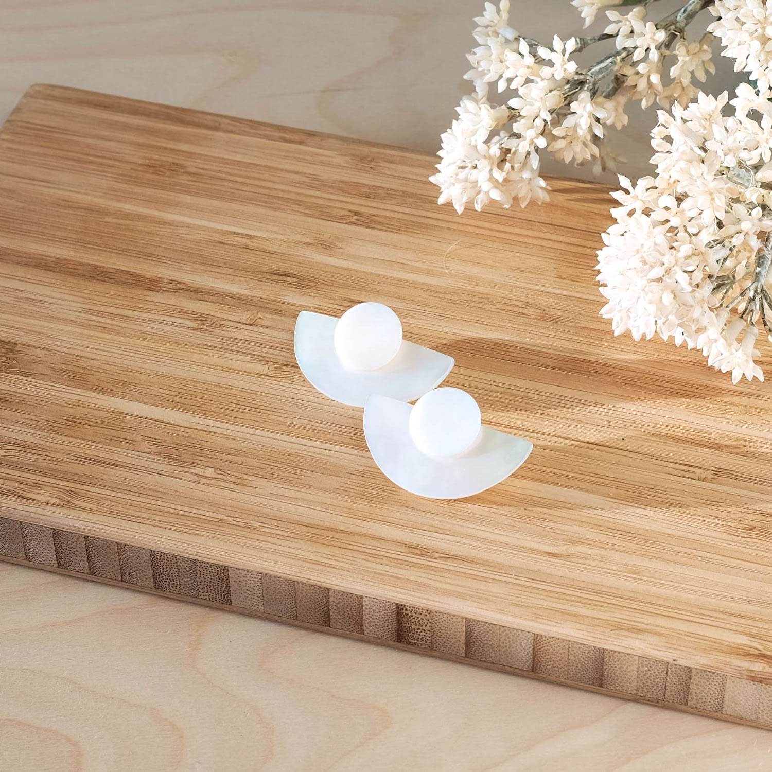 Pearl White Circle And Halfmoon Geometric Studs - Mother Of Pearl Earrings