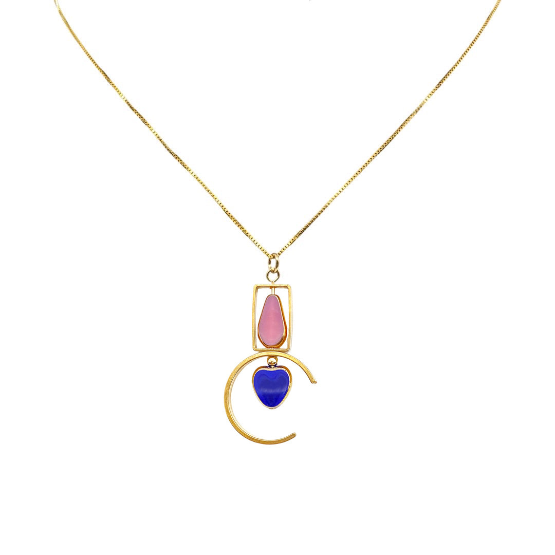 Blue Heart And Pink Pentagon Art Deco Necklace