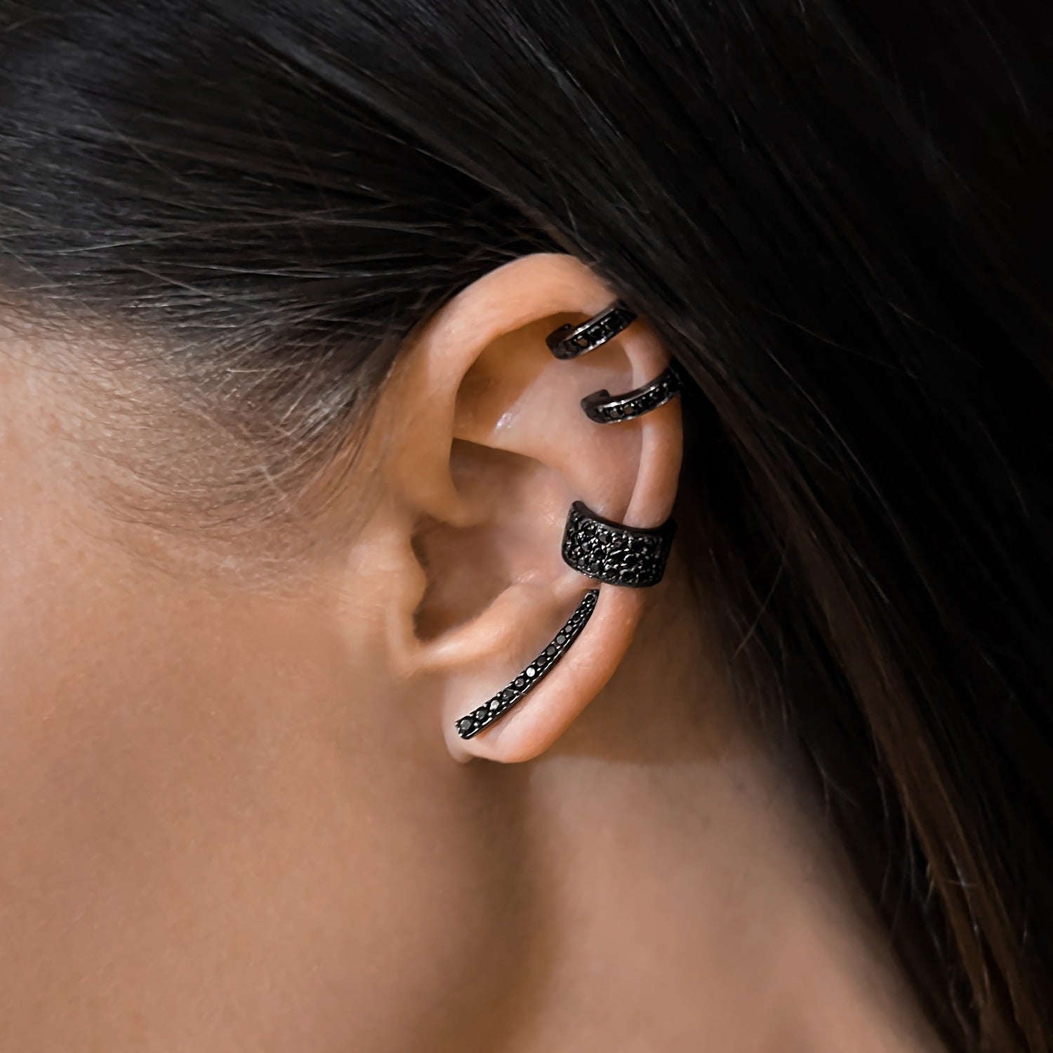 Naked Ear Climber With Man Made Black Cz Diamond Stimulant In Premium Black Rhodium
