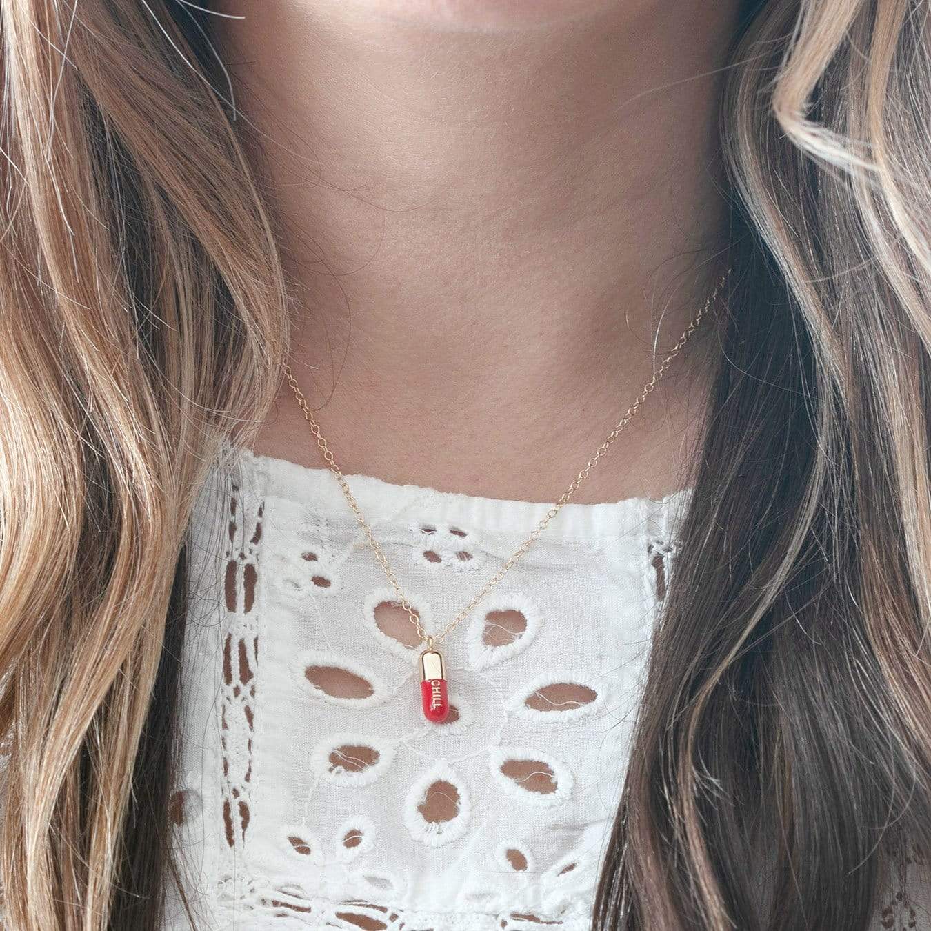Chill Pill Enamel Necklace Gold Filled, Coral Red