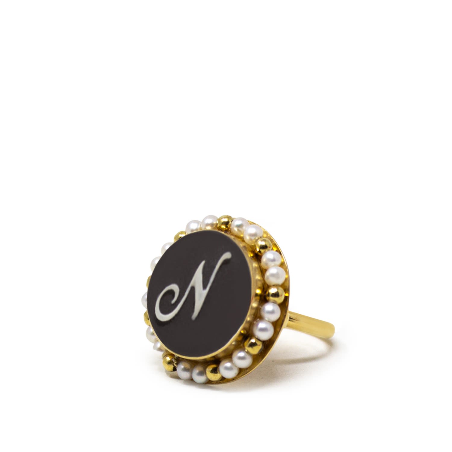 Black Initial N Cameo Ring With Pearls