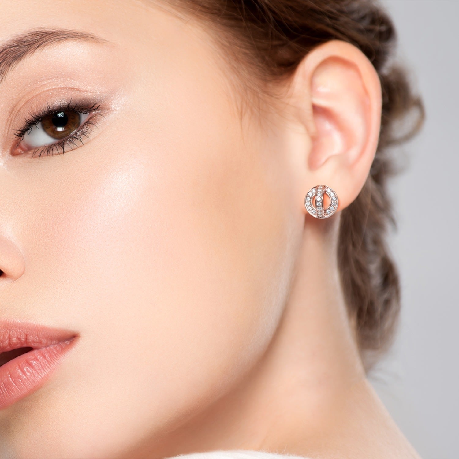 Circle And Arc Pave Cz Stud Earrings - Silver