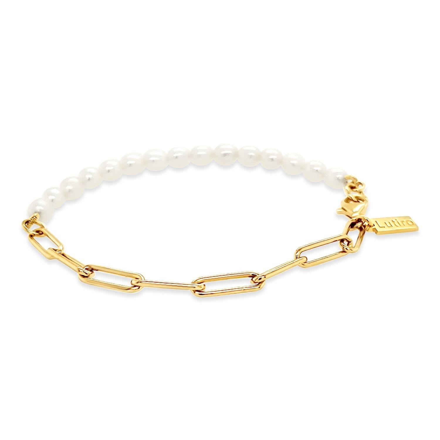 Paperclip & Freshwater Pearl Bracelet - Gold