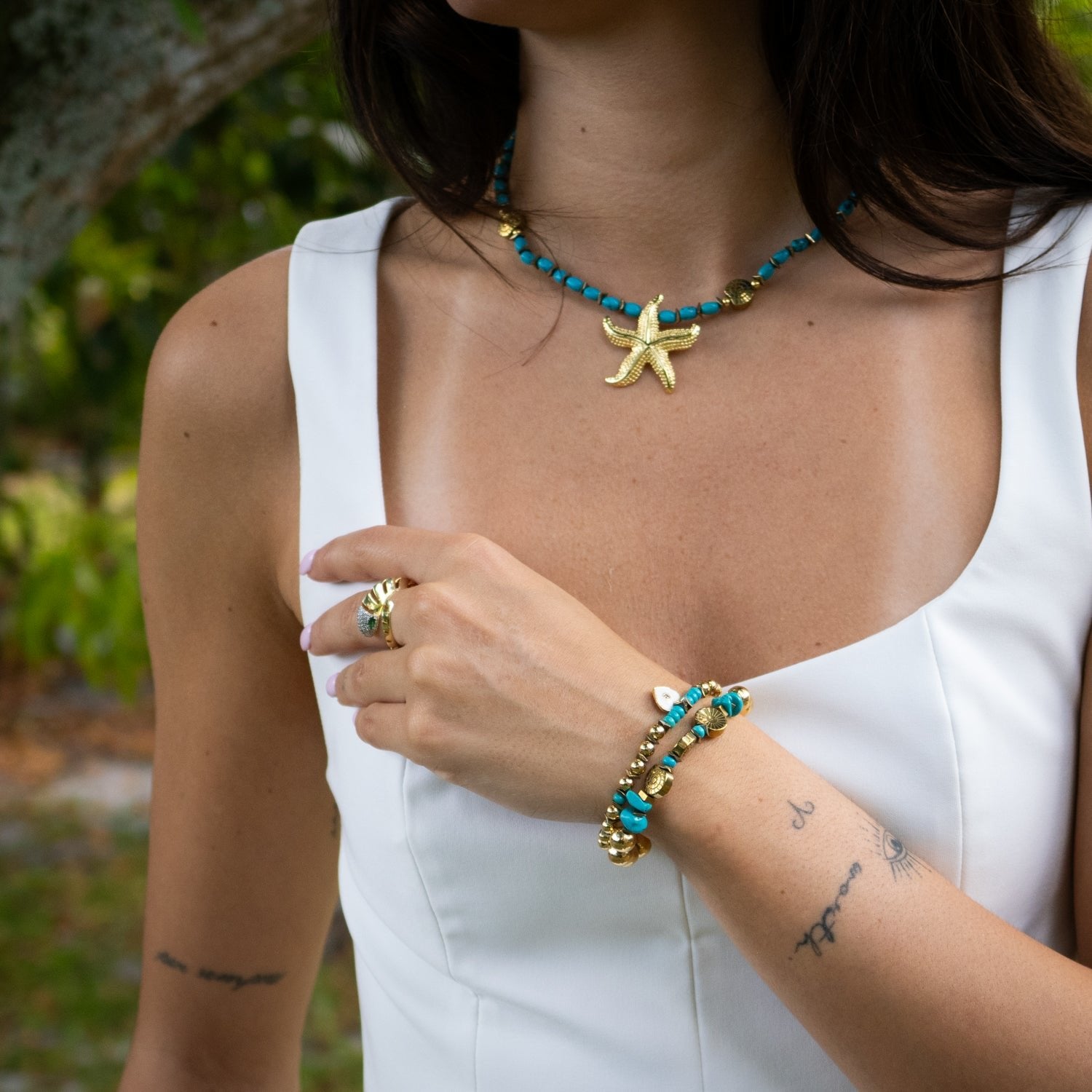 Ocean Spirit Starfish & Turquoise Choker Necklace - Turquoise