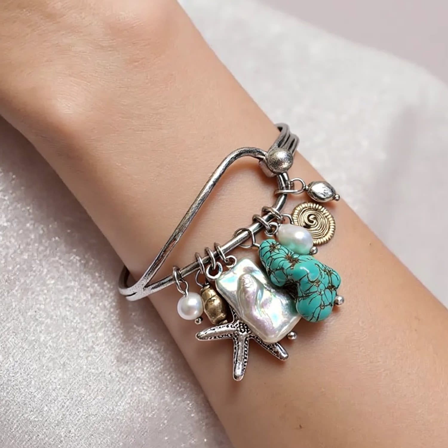 Ocean Treasures Turquoise & Freshwater Pearl Charm Bangle