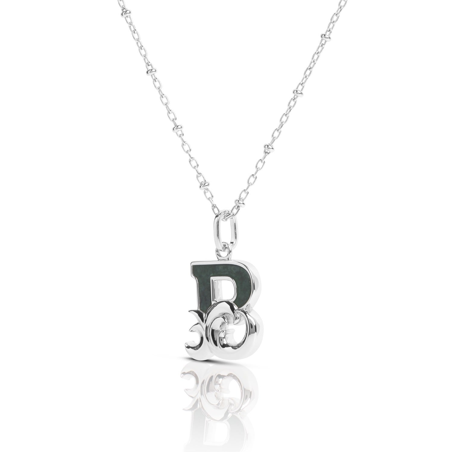 Solid Silver B Initial Necklace With Green Marble