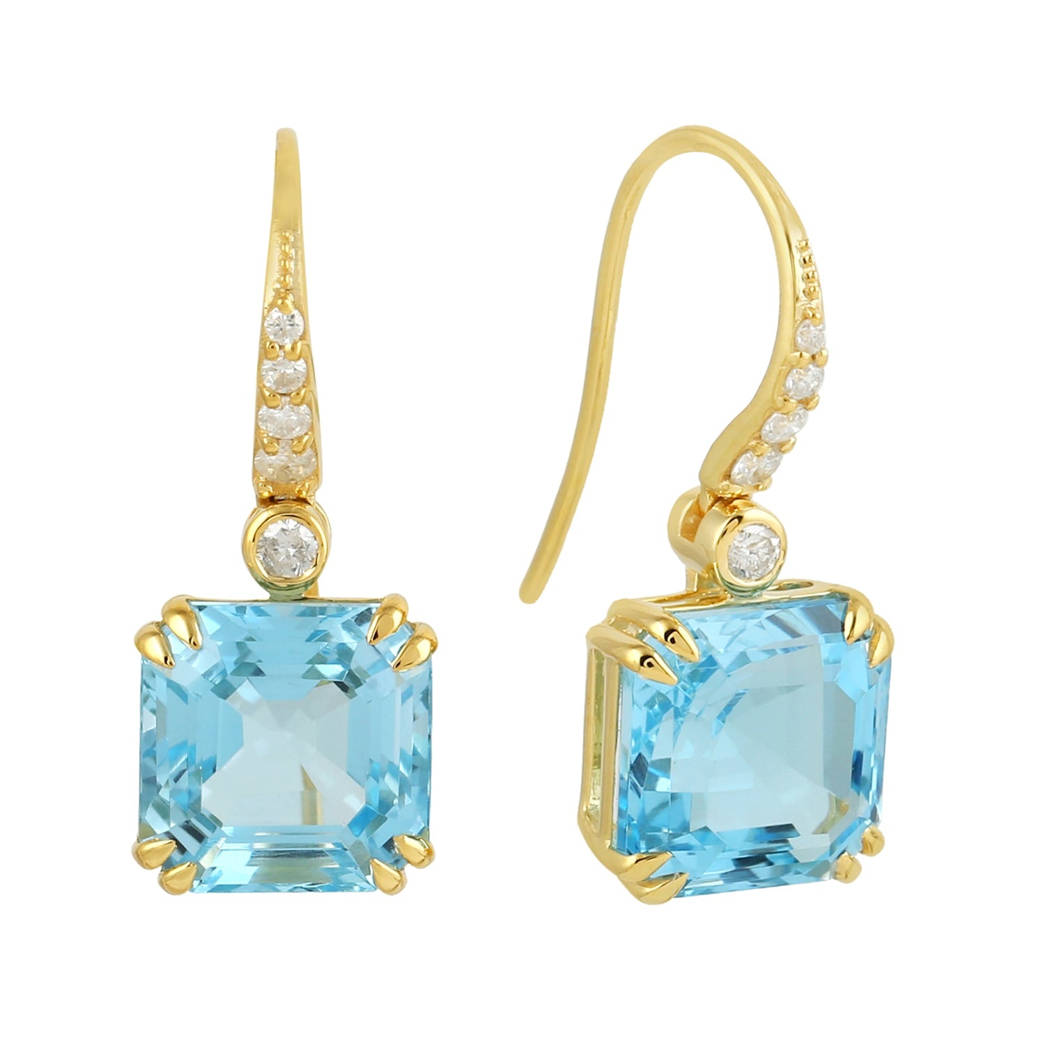 Octagon Blue Topaz Pave Diamond Ear Hook Earrings In Yellow Gold