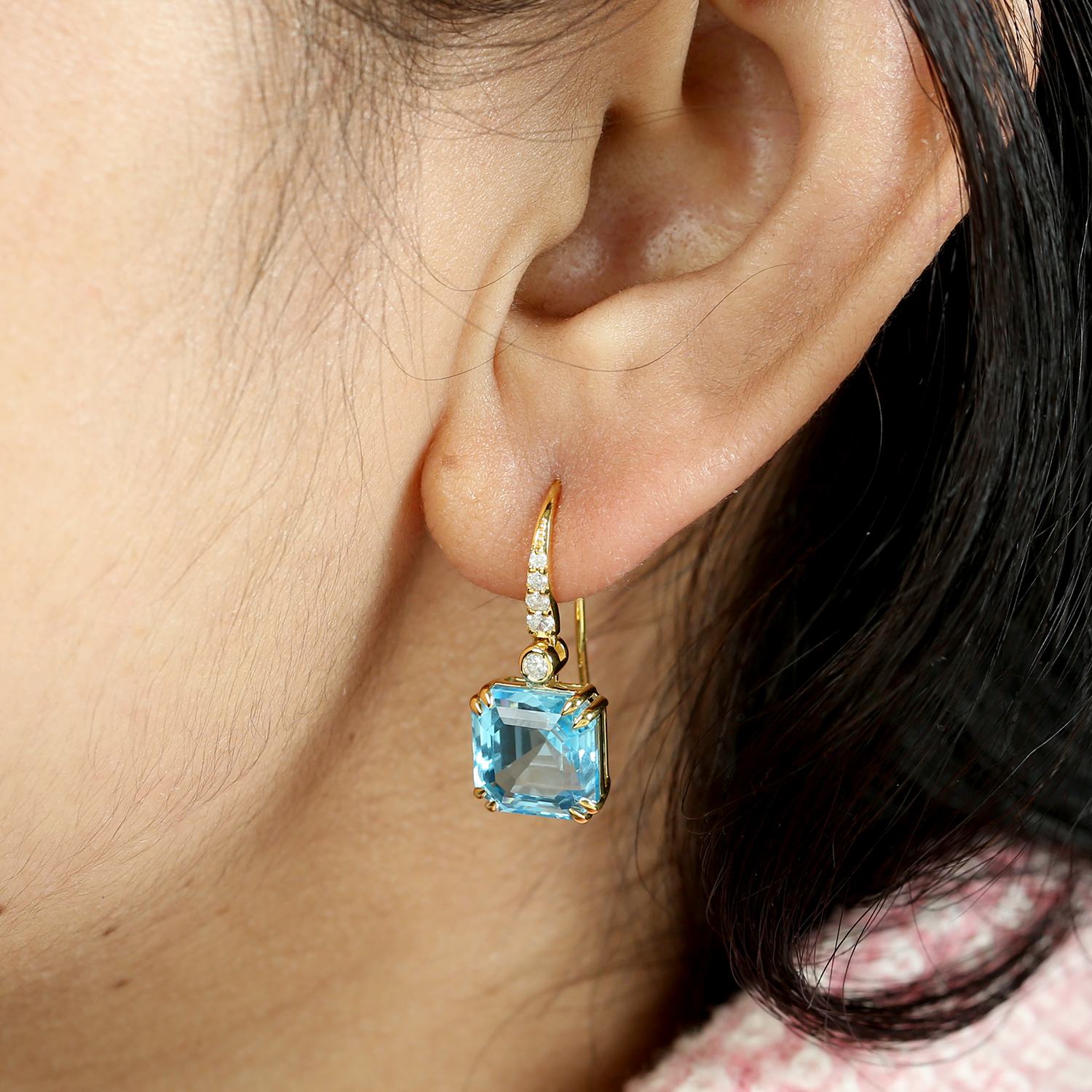 Octagon Blue Topaz Pave Diamond Ear Hook Earrings In Yellow Gold