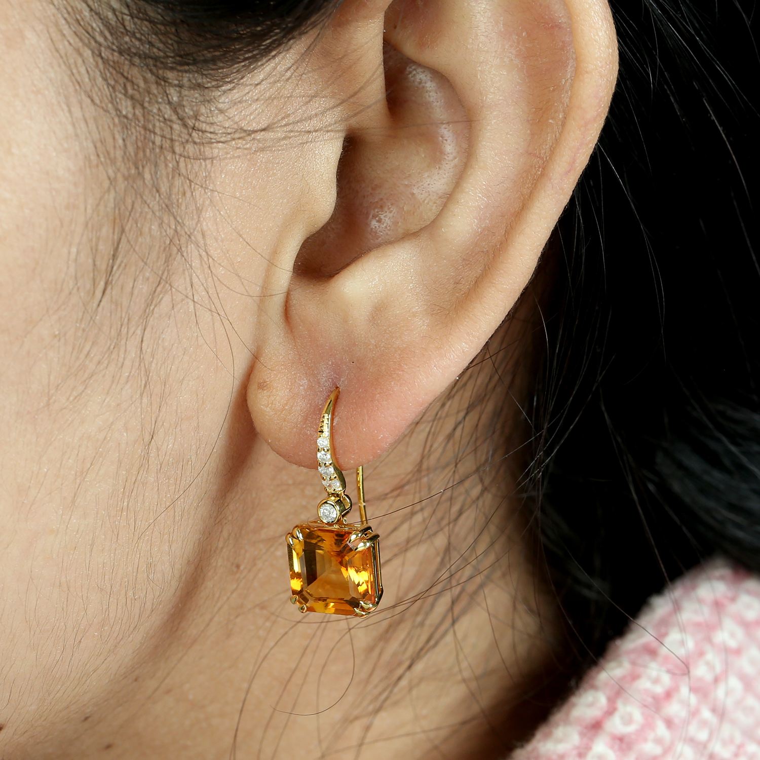 Octagon Citrine Pave Diamond Ear Hook Earrings In Yellow Gold