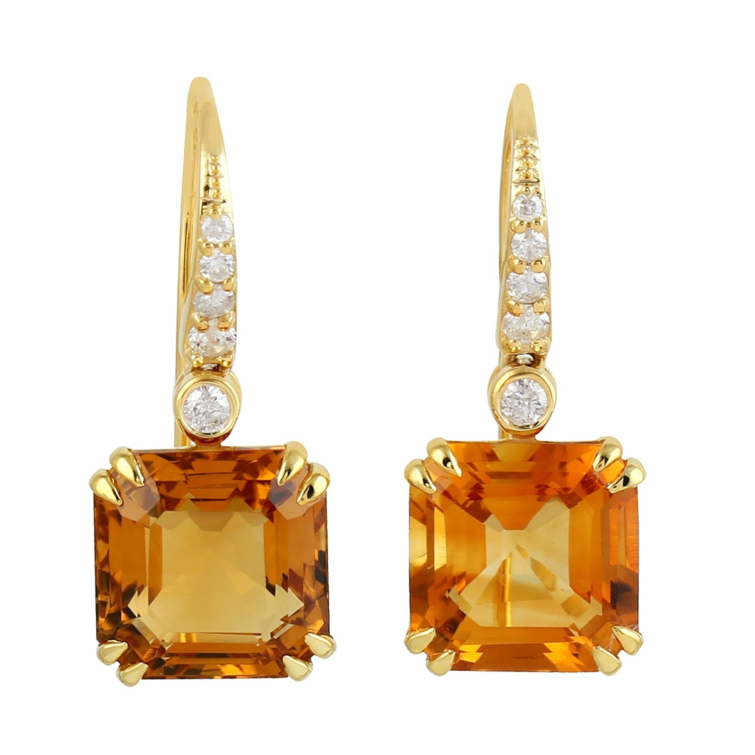 Octagon Citrine Pave Diamond Ear Hook Earrings In Yellow Gold
