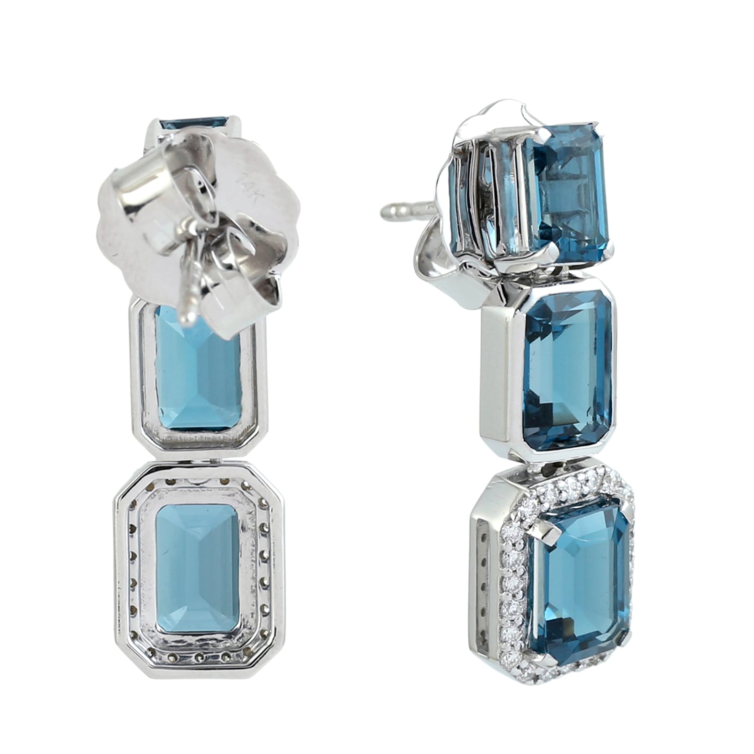Octagon Cut London Topaz Pave Diamond Dangle Earrings In White Gold