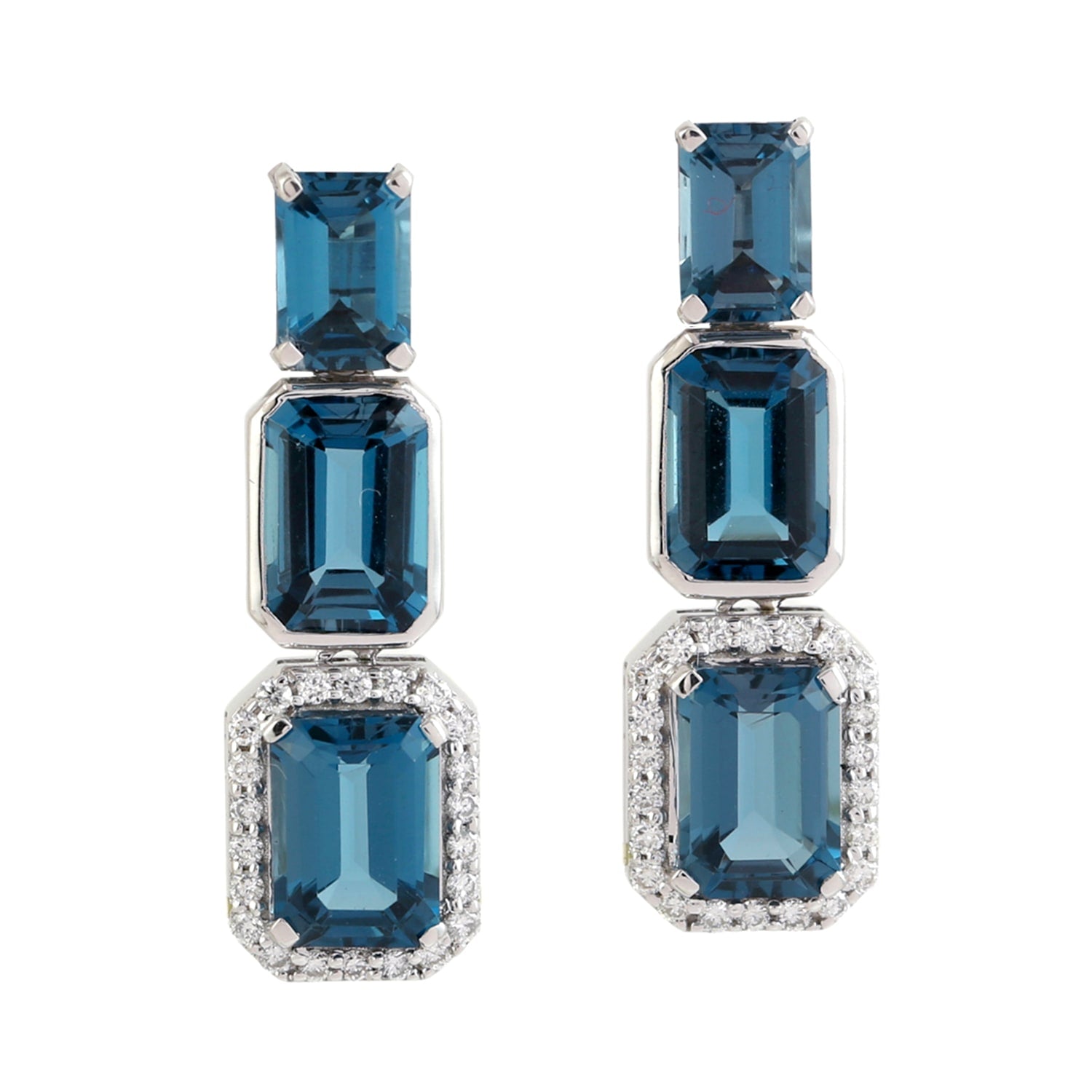 Octagon Cut London Topaz Pave Diamond Dangle Earrings In White Gold