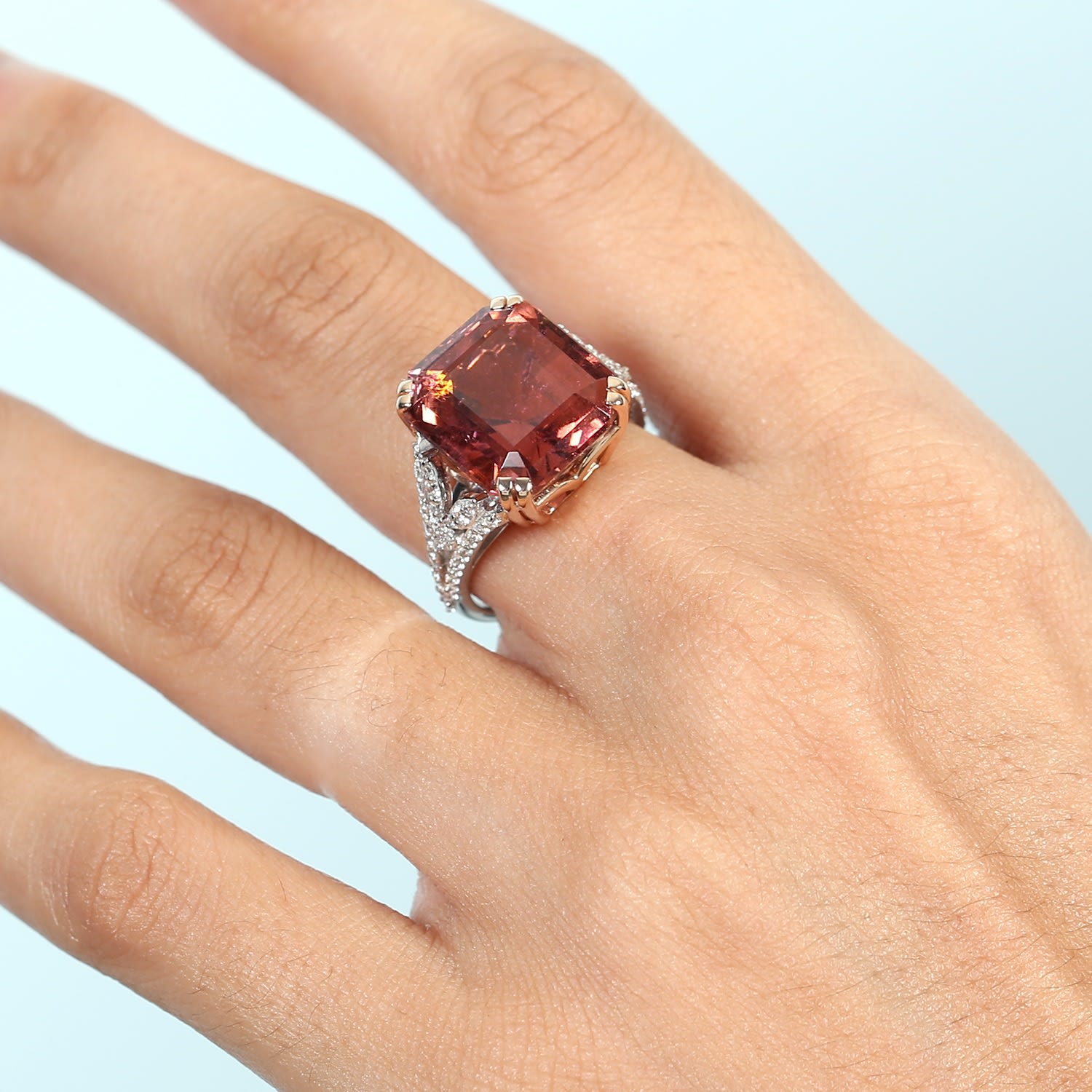 Natural Pink Tourmaline & Diamond Cocktail Ring In Rose White Gold