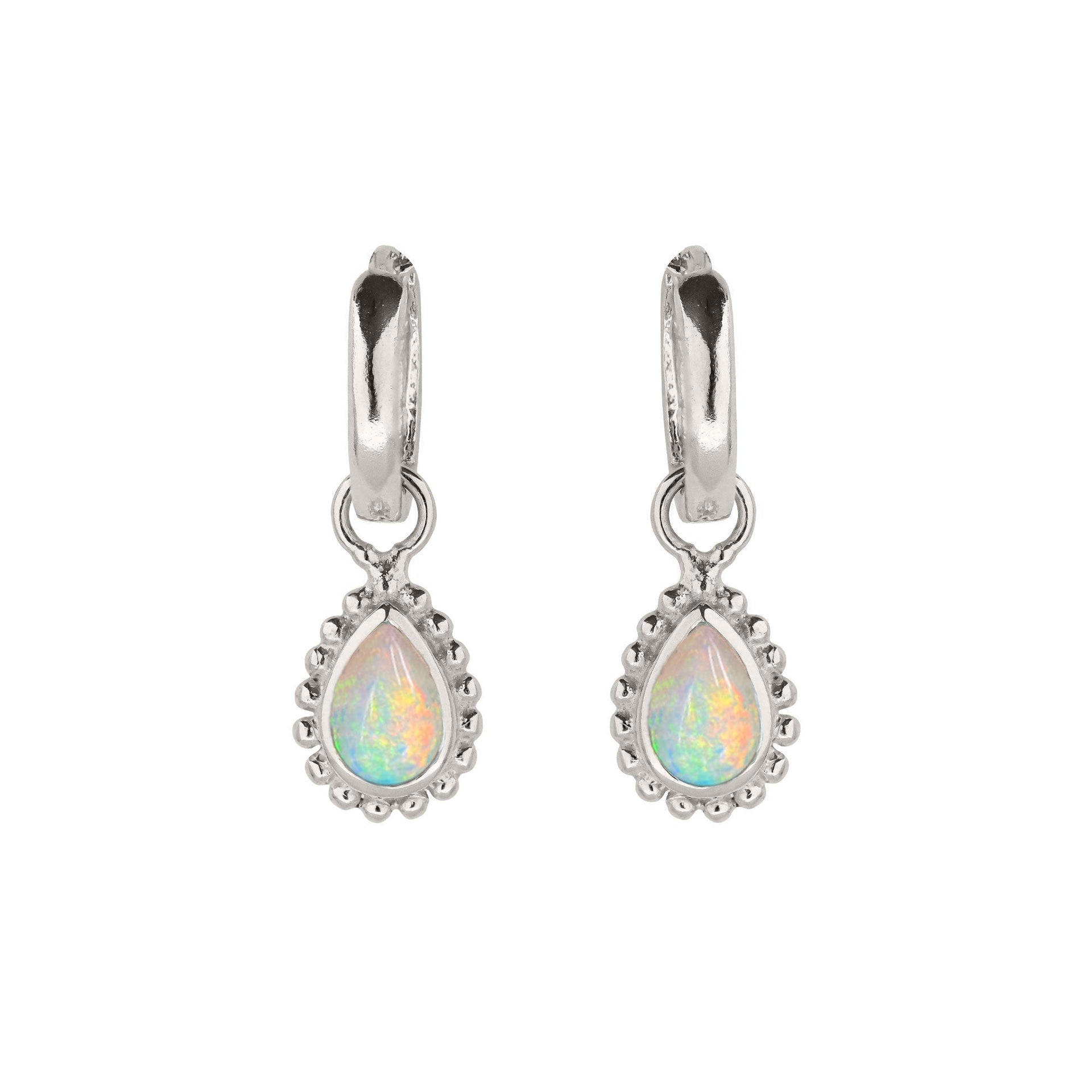 October Birthstone Sterling Silver Huggie Hoops - Opal