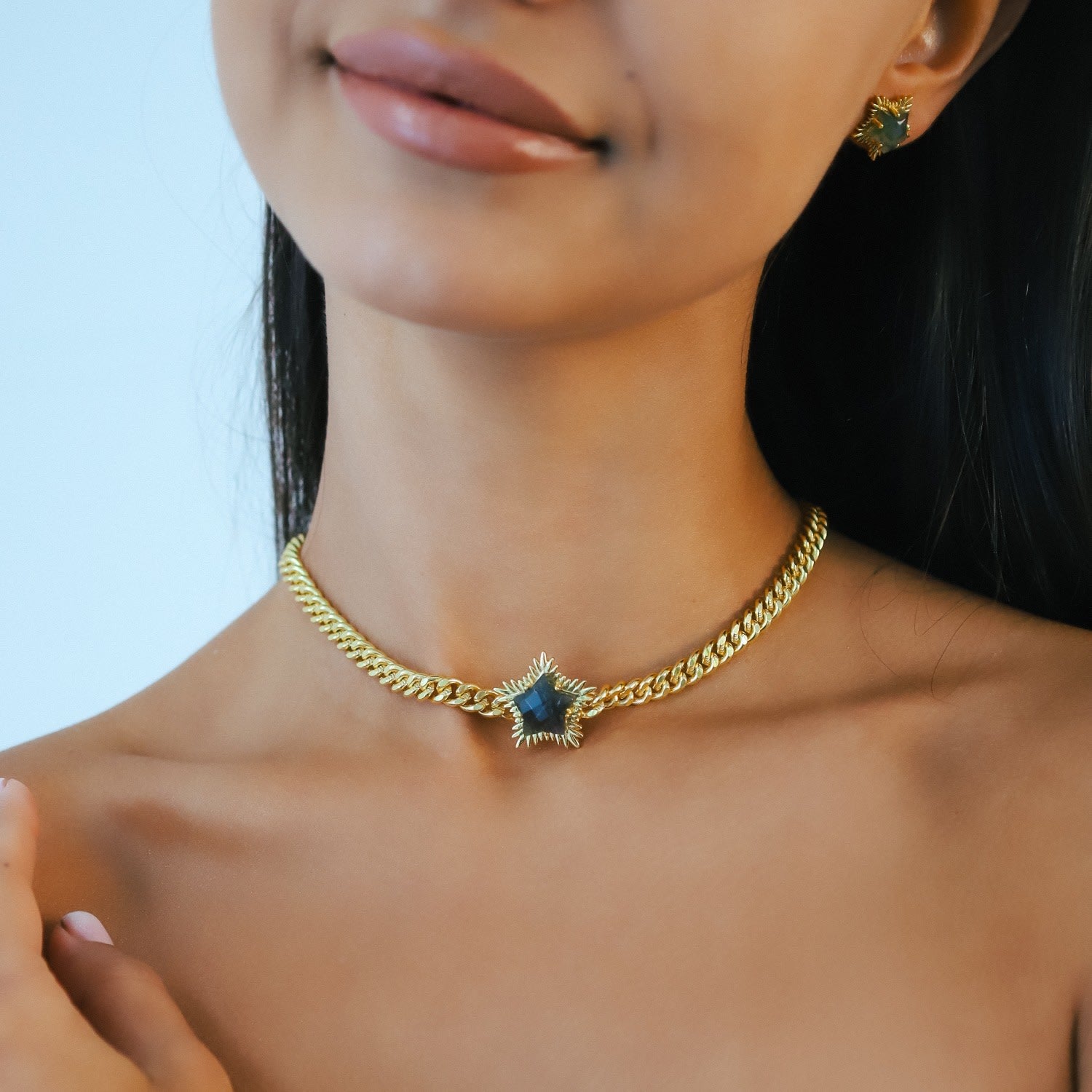 Odette Labradorite Spiky Star Choker Necklace | Gold Plated