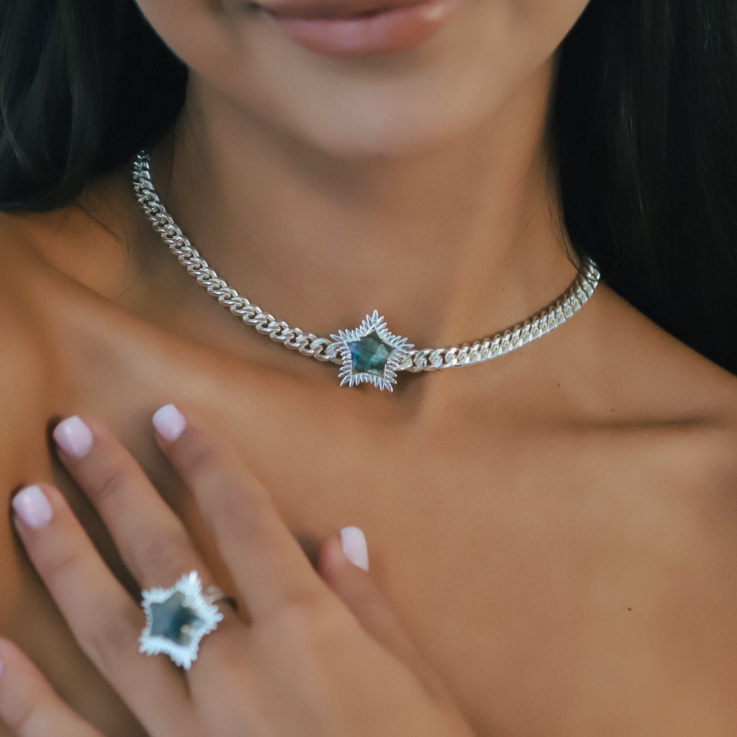 Odette Labradorite Spiky Star Choker Necklace | Sterling Silver