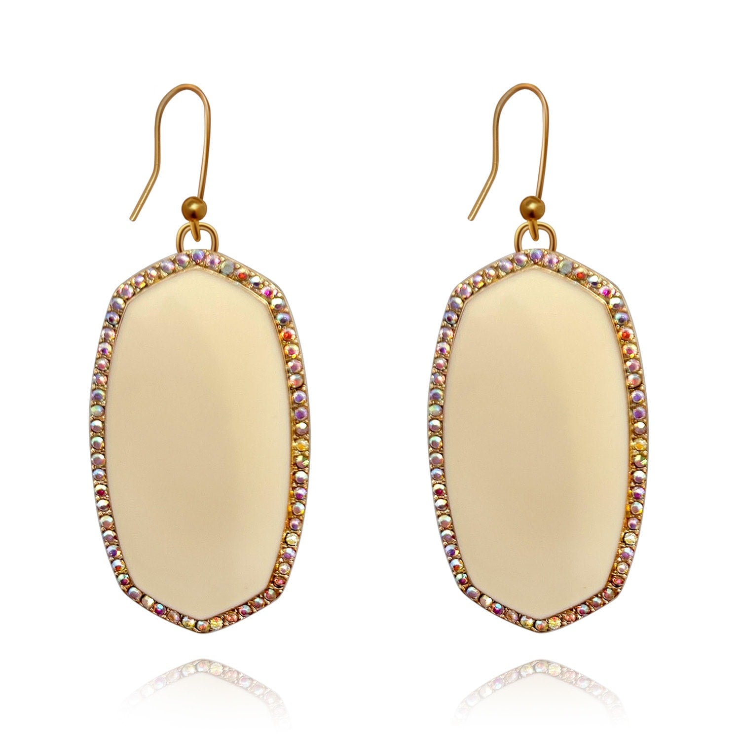 Off White Hand-Enameled Drop Earrings With Crystal Rim On French Wire