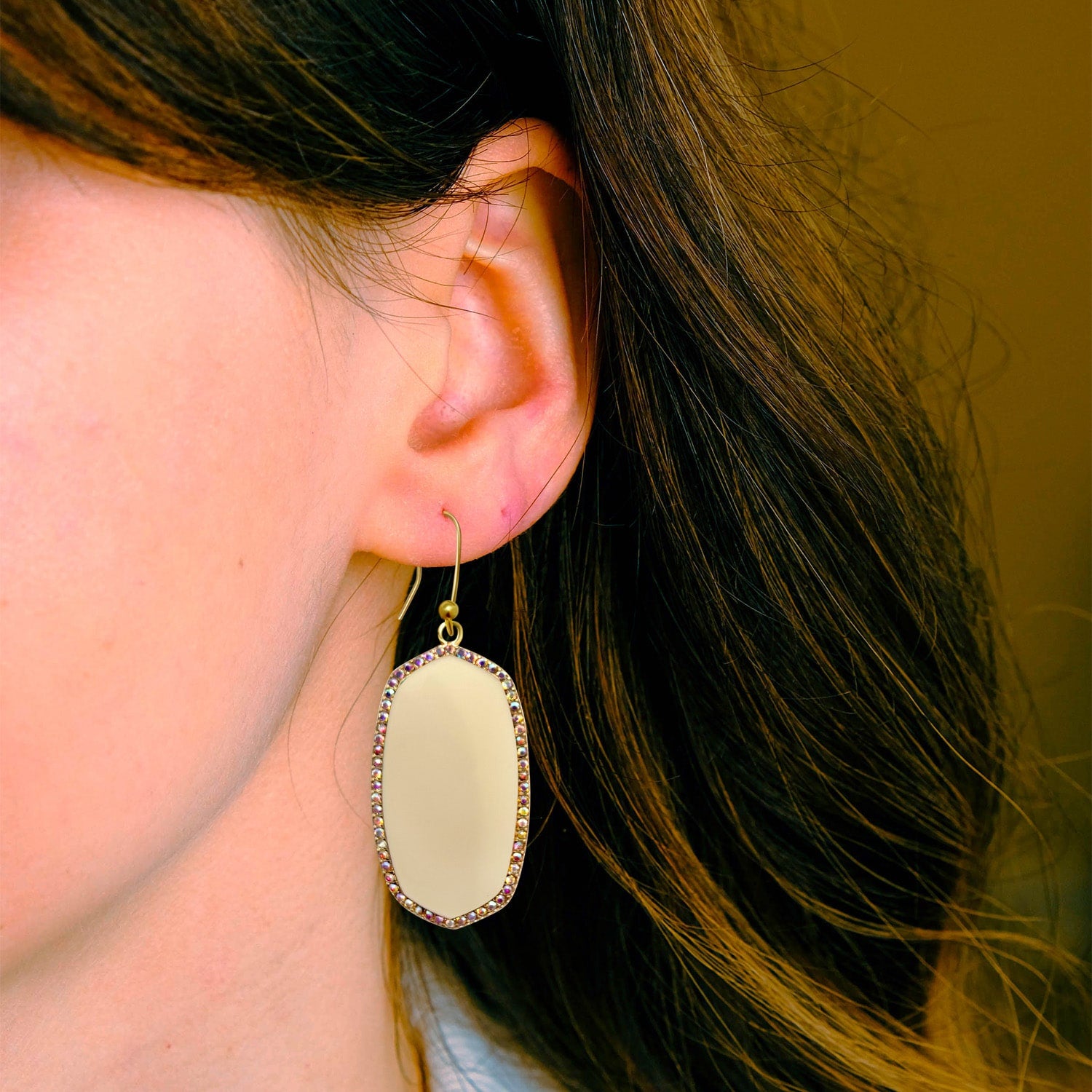 Off White Hand-Enameled Drop Earrings With Crystal Rim On French Wire