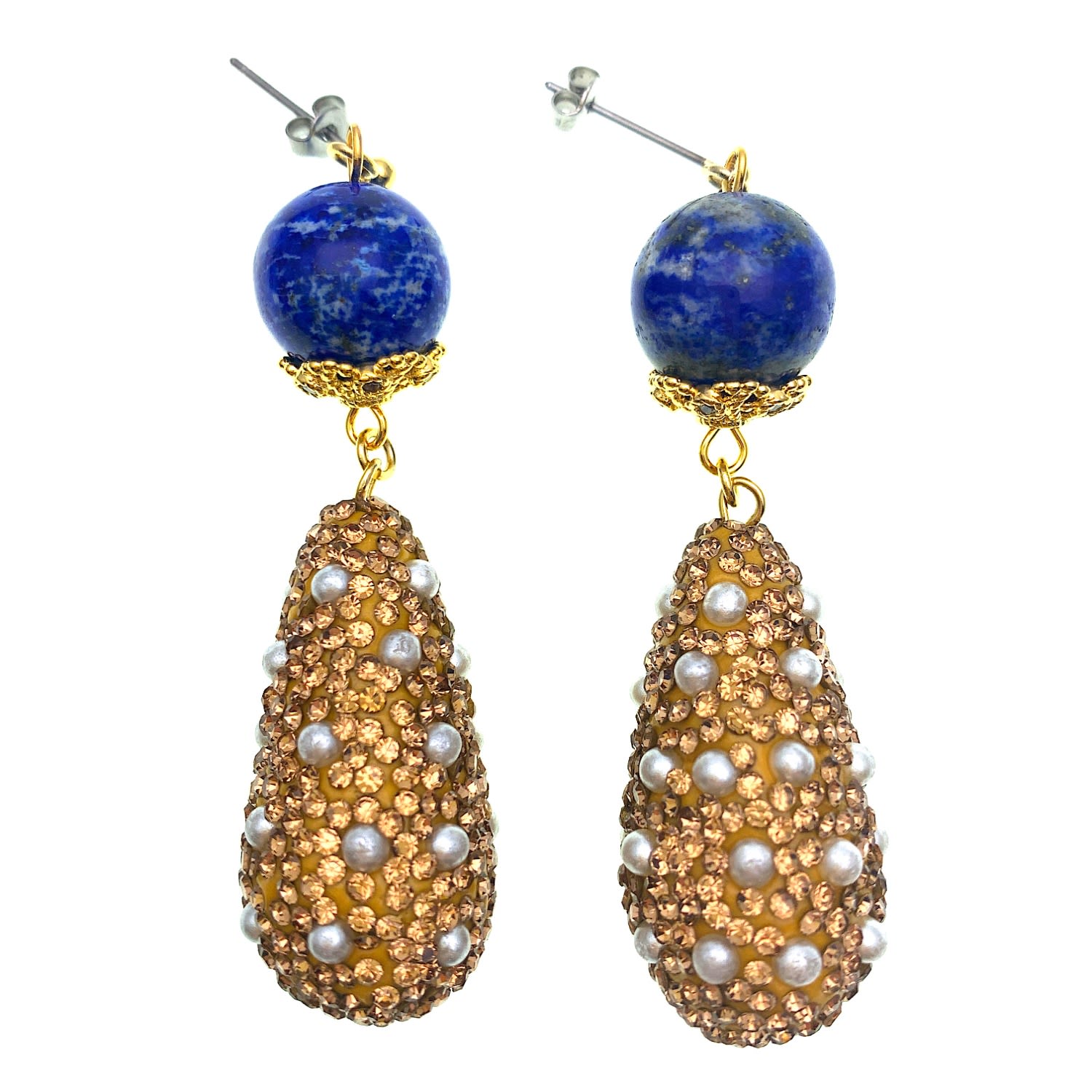 Round Lapis - Rhinestones Bordered Pearls Dangle - Earrings