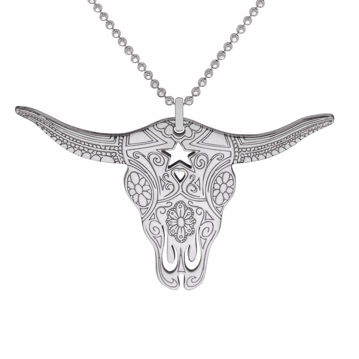 Large Silver Texas Longhorn Pendant Necklace