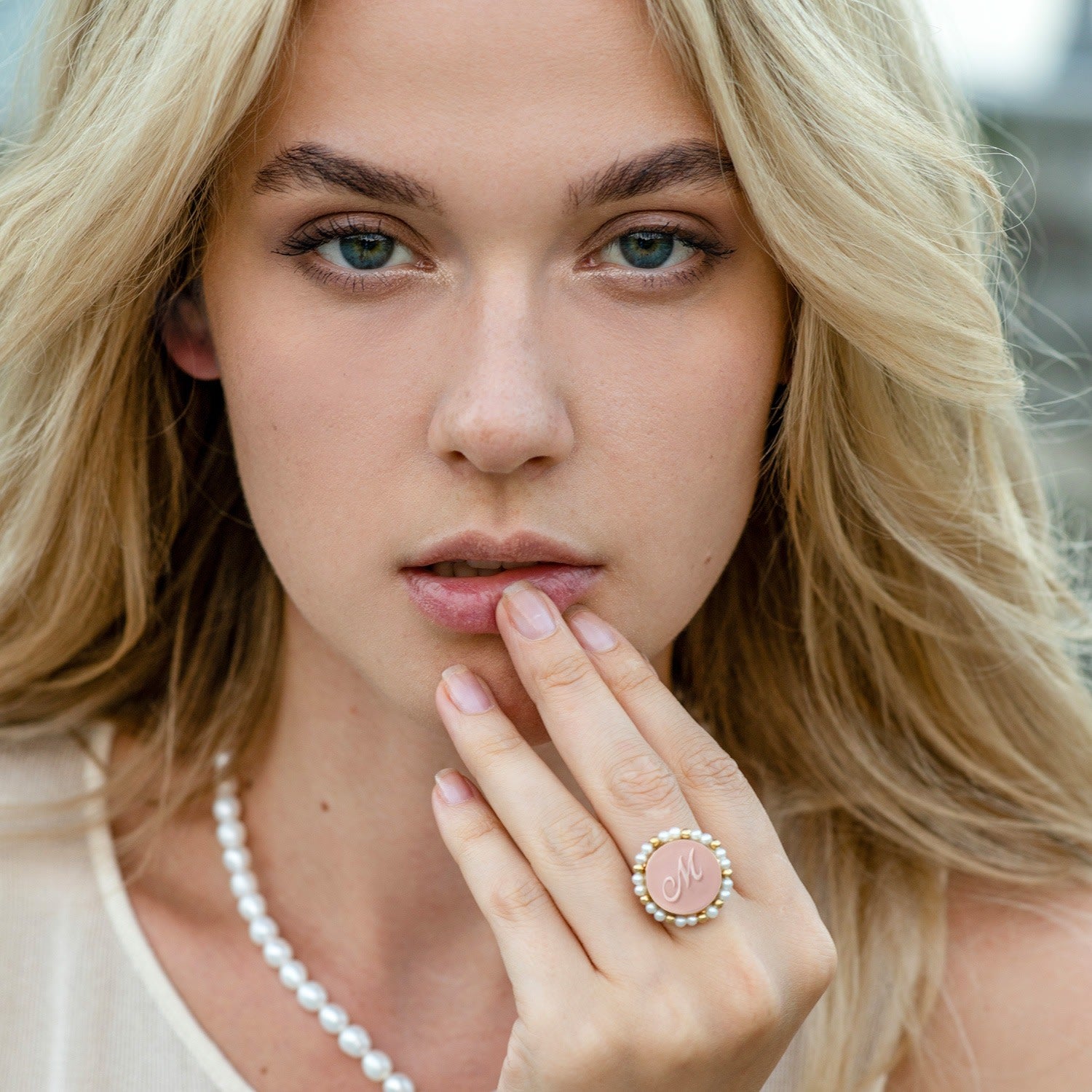 Pink Initial M Cameo Ring With Pearls