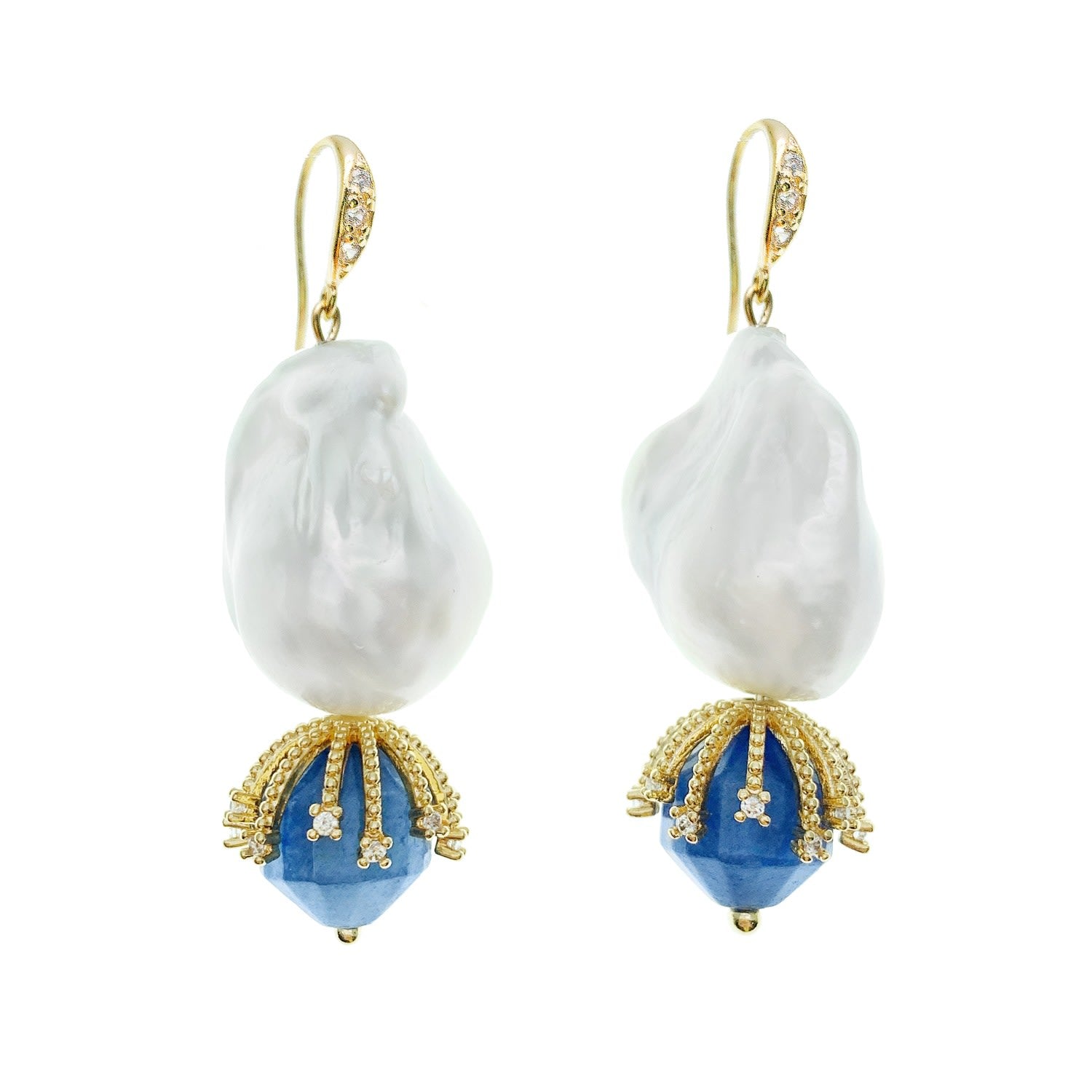 Baroque Pearl With Blue Aventurine Dangle Earrings