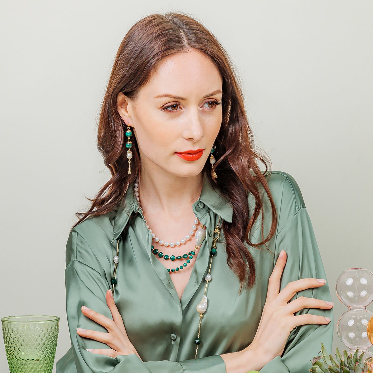 Round Malachite Elongated Earrings