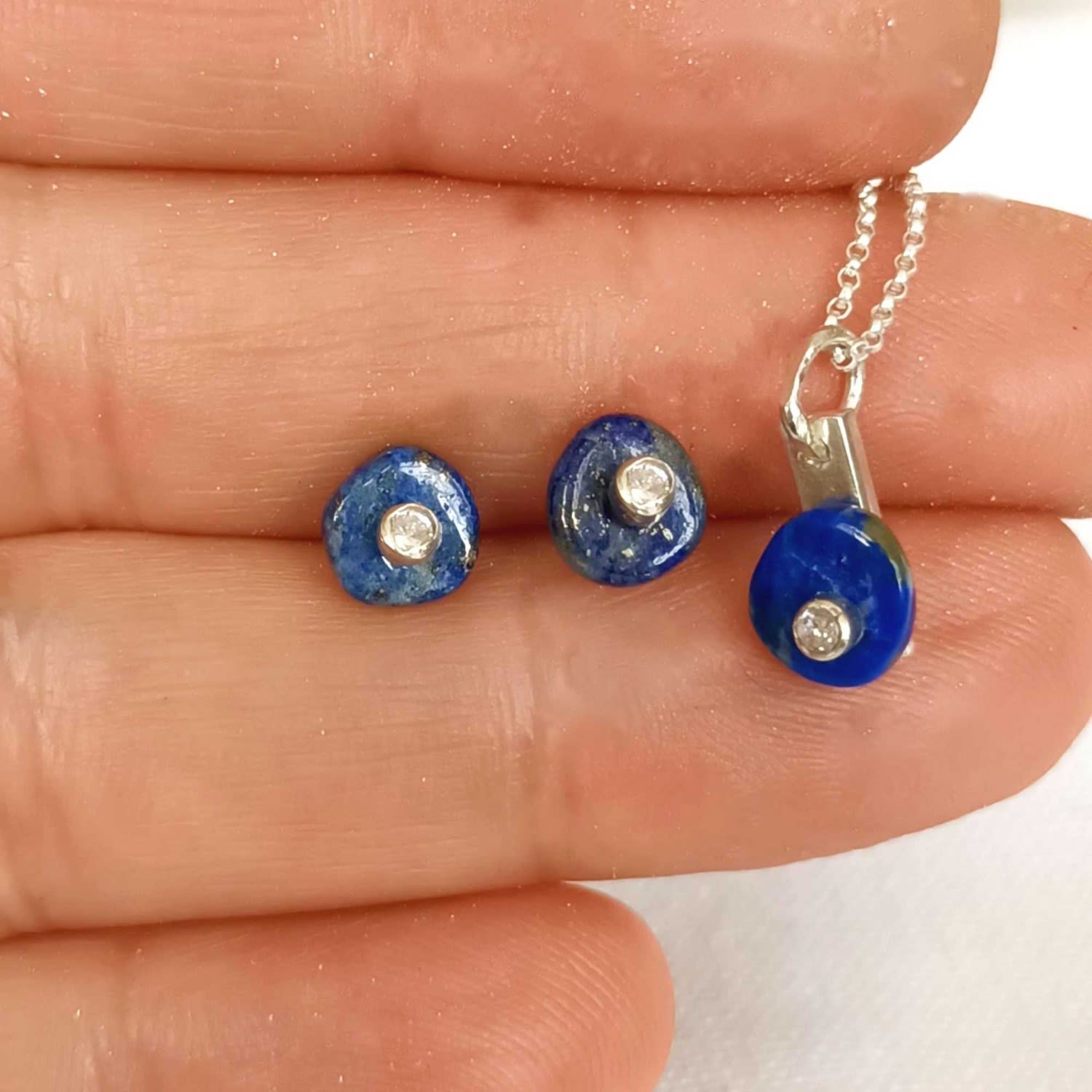 Lapis Lazuli Round Diamond Stud Earrings