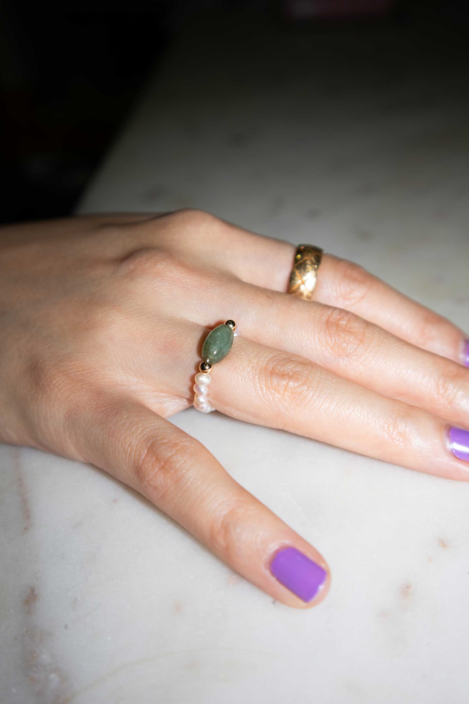 Isa Jade And Beaded Pearl Stretch Ring