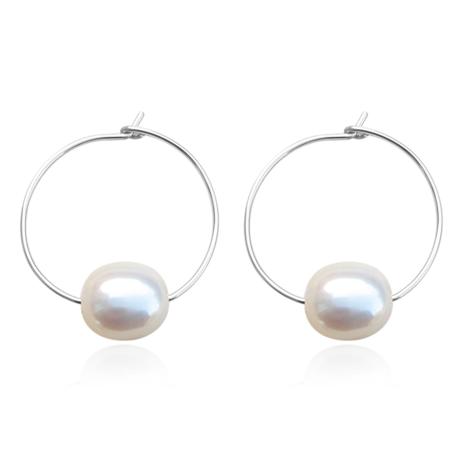 Olivia Large Pearl Wire Hoop Sterling Silver Earrings