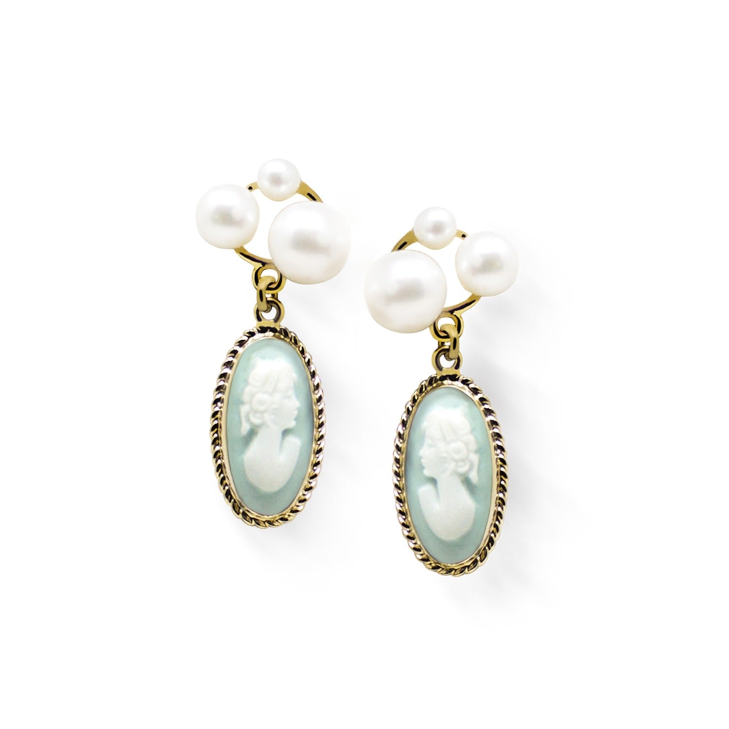 Lilith Gold-Plated Green Cameo And Pearl Stud Earrings
