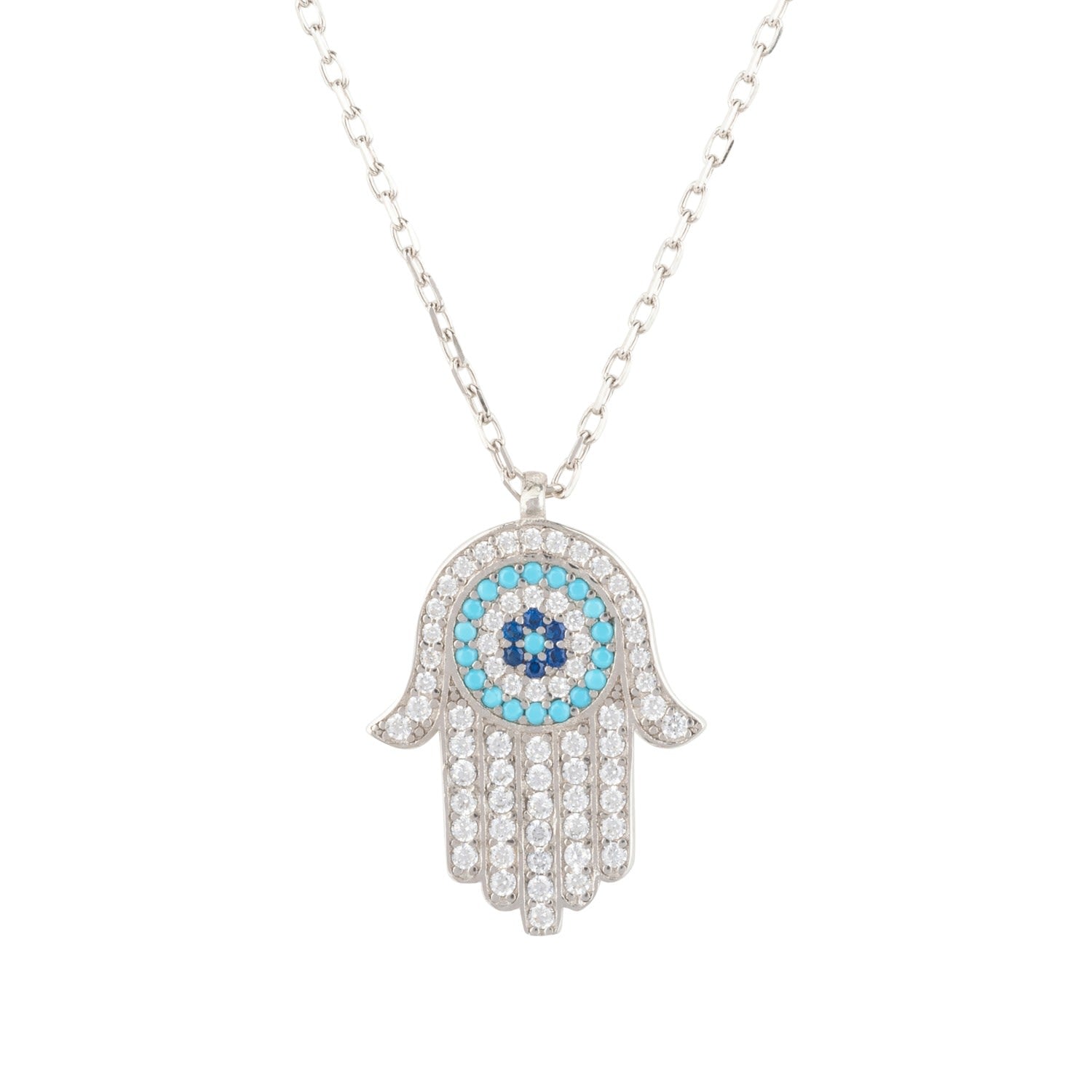 Hamsa Hand With Evil Eye Pendant Necklace Turquoise Silver