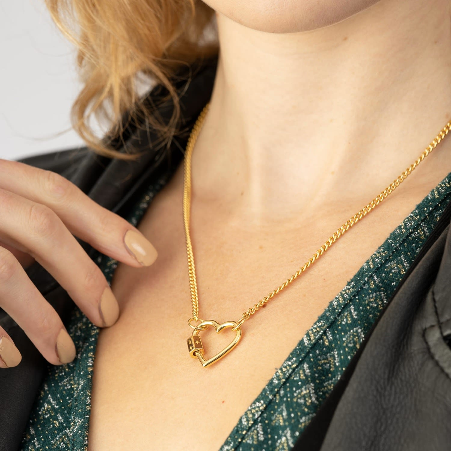 Gold Plated Heart Carabiner Curb Chain Necklace