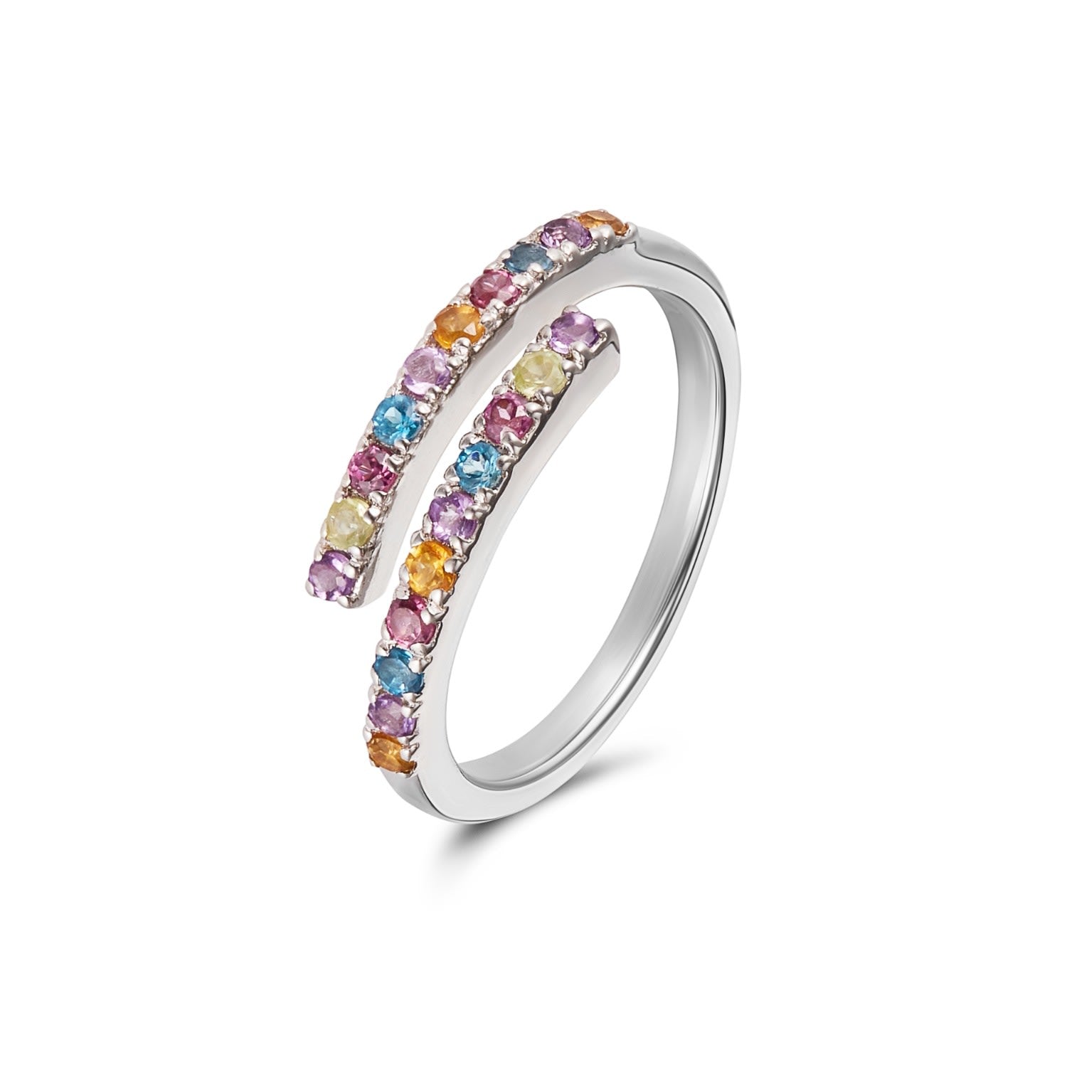 Open Multi-Colour Ring In Silver With Semi Precious Stones