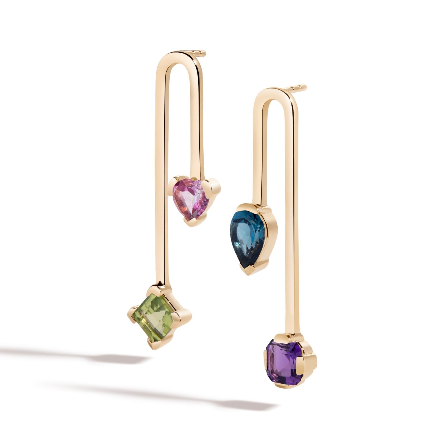 On My Way To Wonderland Earrings - 18K Gold Vermeil Stud & Drop Earrings With Peridot, Pink Topaz, Amethyst, And London Blue Topaz Gemstones