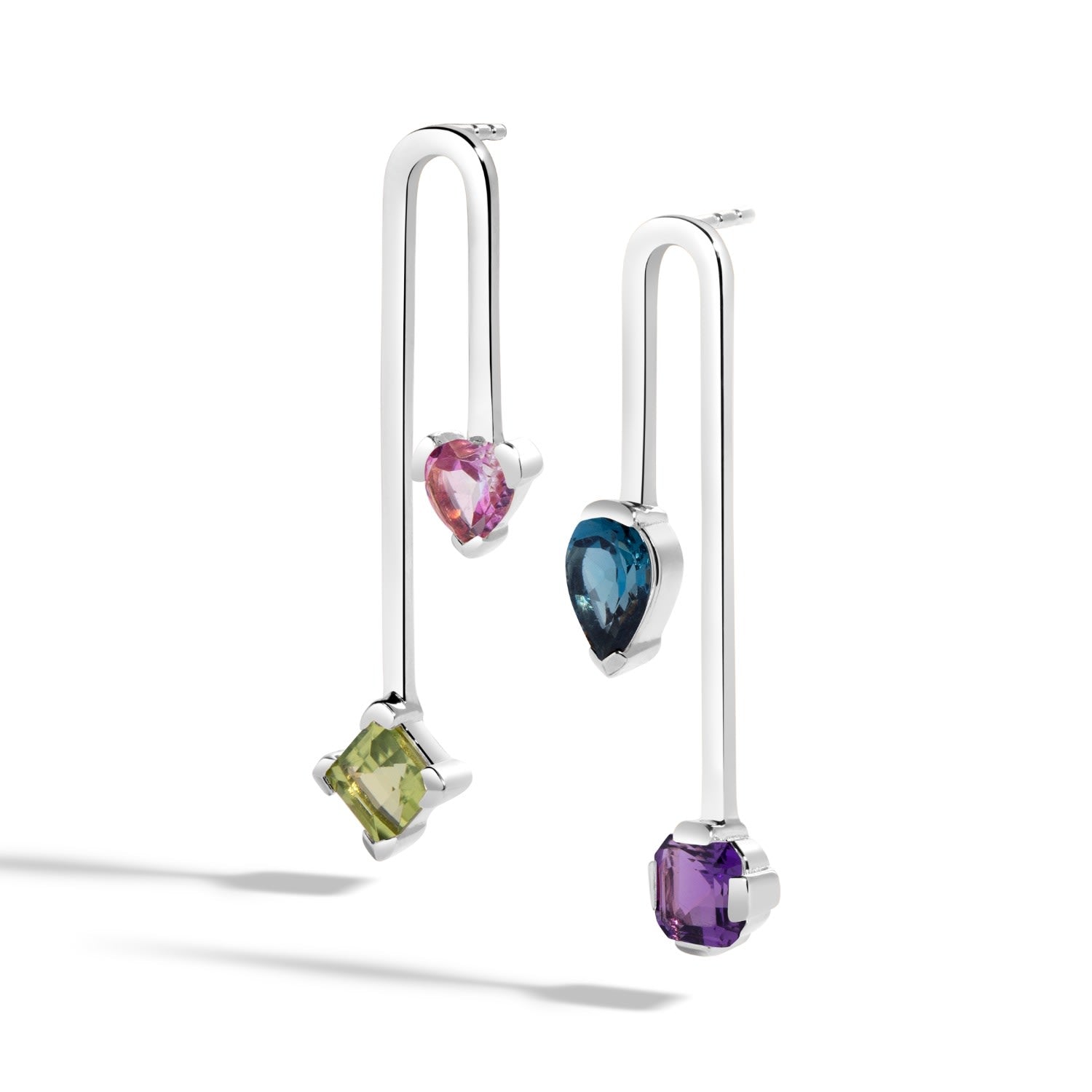 On My Way To Wonderland Earrings - Sterling Silver Stud & Drop Earrings With Peridot, Pink Topaz, Amethyst, And London Blue Topaz Gemstones