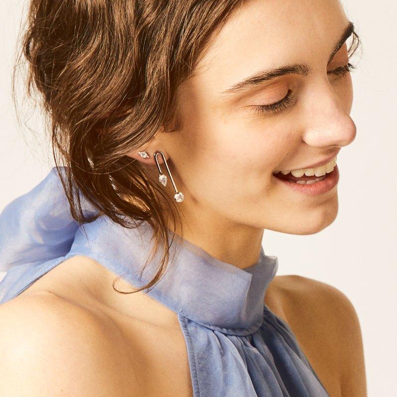 Anything Could Happen Lozenge Stud Earrings - Sterling Silver Lozenge Stud Earrings With White Topaz Gemstones