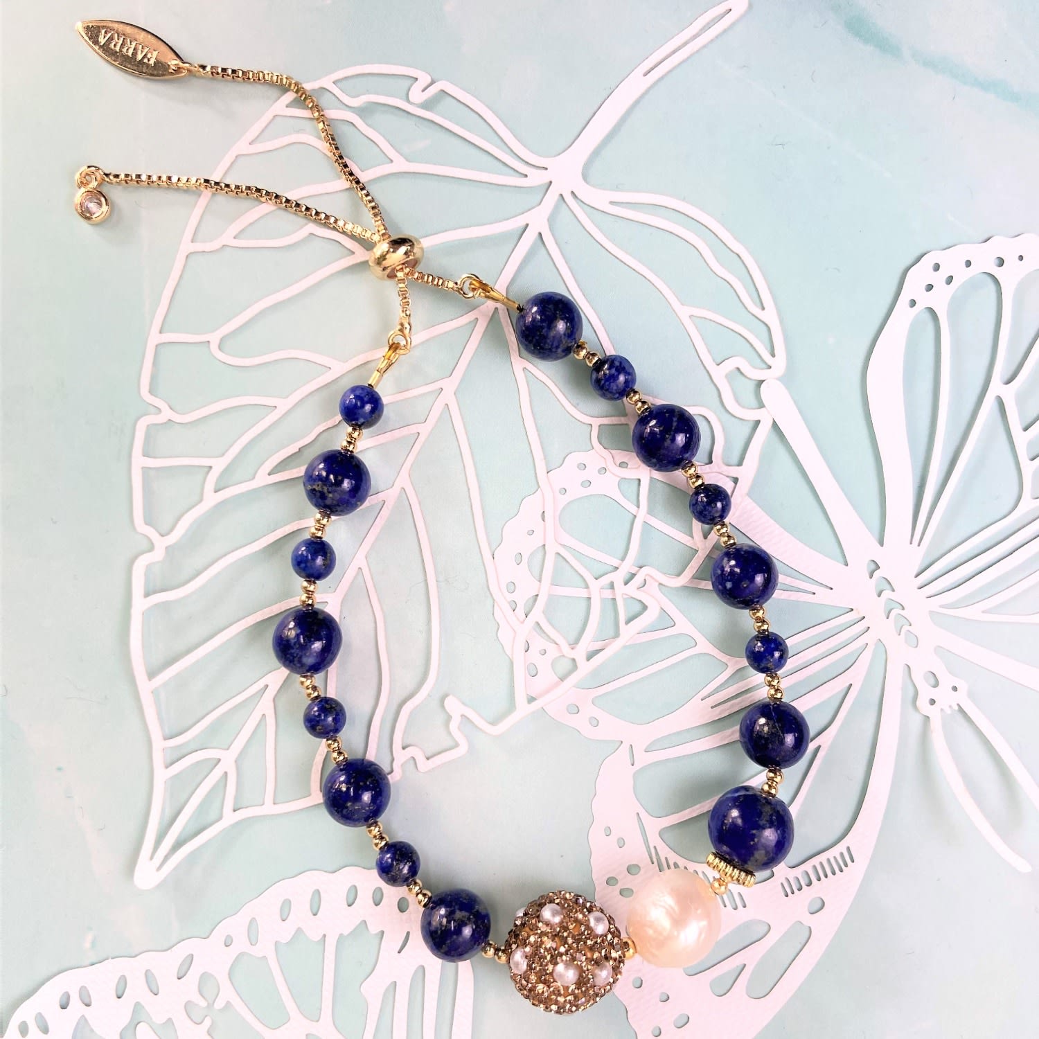 Lapis With Rhinestone And Freshwater Pearl Bracelet