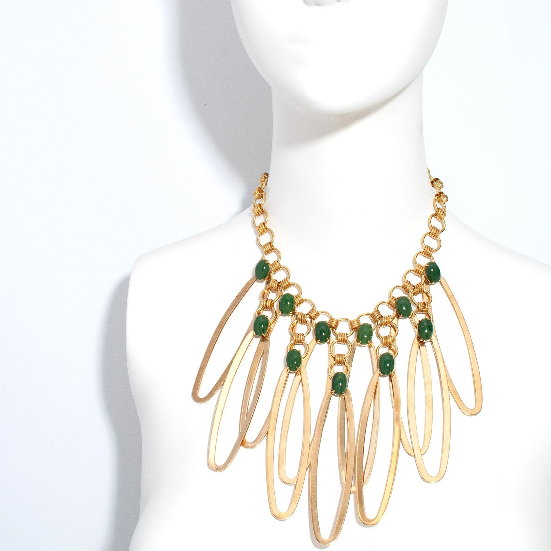 Ondine Necklace – Statement Necklace With Vintage Olive Glass Stones And Upcycled Brass Loops